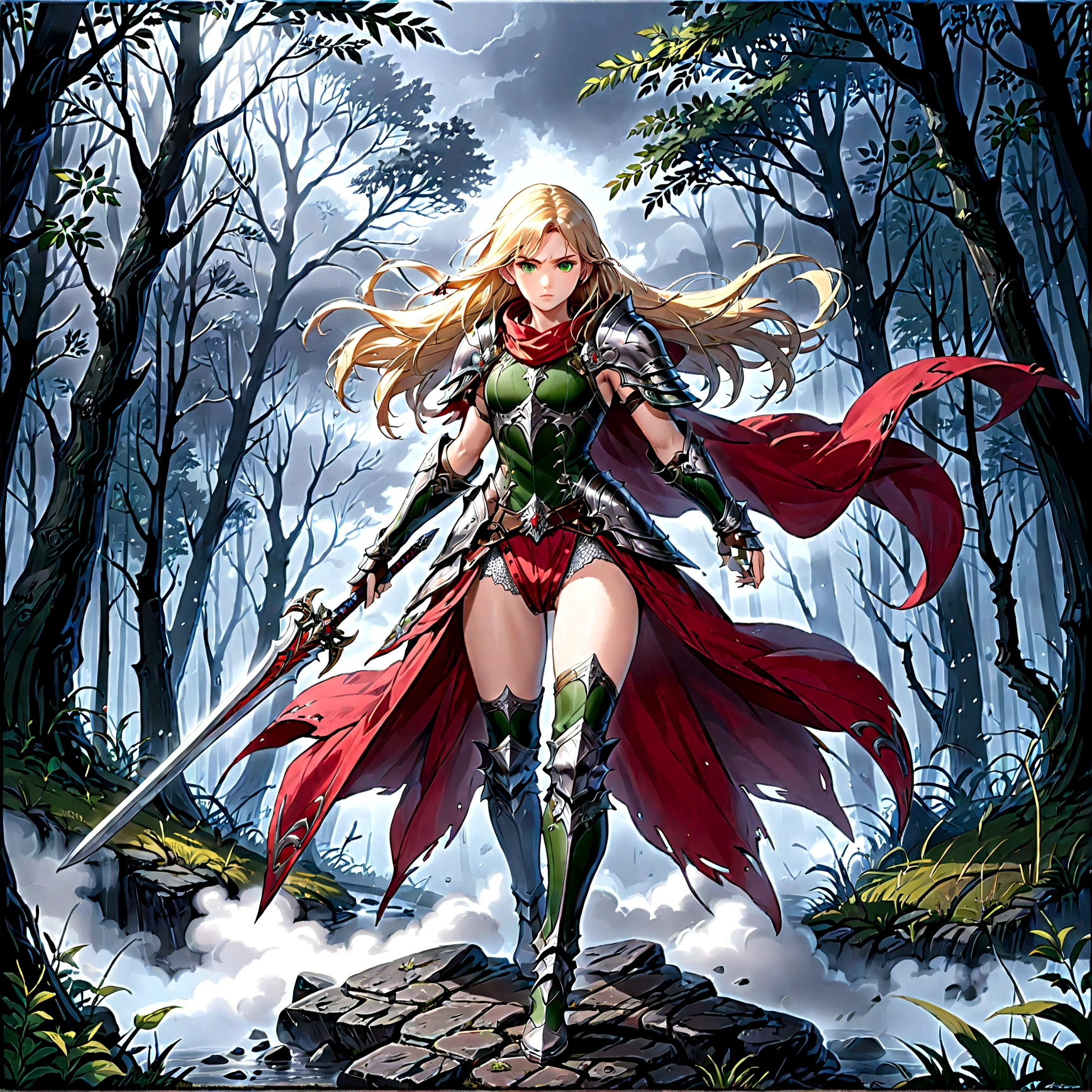 fantasy art, RPG art, Dark fantasy art, ultra wide shot, RAW, photorealistic, a picture of (1single: 1.5) female human ranger, the ranger, an exquisite beautiful human woman, long blond hair, braided hair, green eyes, wearing leather armor, wearing (red cloak: 1.1), armed with a (sword: 1.3), wearing laced boots, standing in a dark forest at night, (mist rising from the grounds: 1.3), a sense of dread and fear, yet she stands defiant and fearless, dark fantasy forest background, best quality, 16k, [ultra detailed], masterpiece, best quality, (ultra detailed), full body, ultra wide shot, photorealism, Sword and shield, dark novel