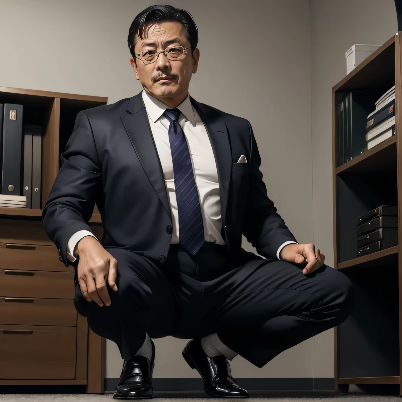 55 years old，Kogoro Mori，uncle，temperament，Crouching in the office，Black socks，Slip leather shoes，No beard，toughness，HD，artwork，Full of enjoyment，Very shy，Wear a suit，Big Ass，Masculinity，There are huge bulges in the crotch，God&#39;s Perspective，Take off your pants，Crotch angle, Excited expression