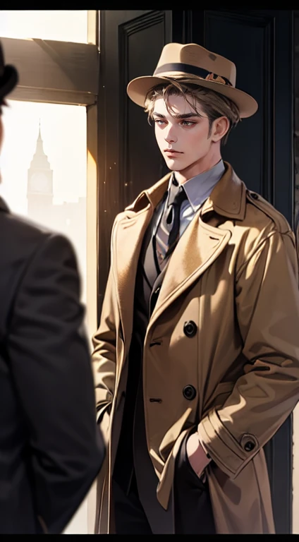 (tmasterpiece, high resolution, ultra - detailed:1.0),1 person, Mature male, Quiet and charming young man, 35 years old, closing her eyes, Serious look, ((dark gray eyes)), ((Right sweep short dark golden hair)), [Thick eyebrows], Detective, ((Wear a classic coat and fedora)), Looking at the audience, London, victorian age, color difference, Depth of field, dramatic shadow, Ray tracing, Best quality, Cinematic lighting, offcial art, Portrait