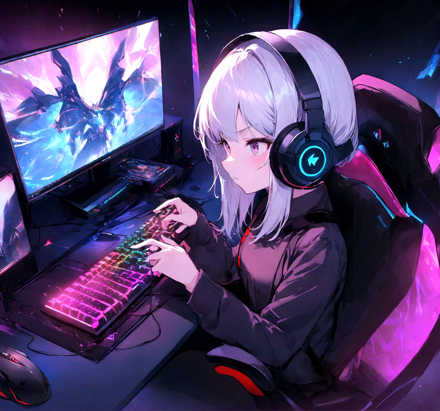 A girl playing computer games,leather gaming chair,high-end computer setup,gaming headphones,illuminated RGB keyboard,mouse with adjustable dpi,clean and organized gaming desk,comfortable setup,serious expression,concentrated facial expression,bright and colorful computer screen,multi-monitor setup,stylish and trendy gaming outfit,backlit gaming mousepad,minimalist background,modern and sleek gaming setup,ergonomic gaming mouse,high refresh rate display,fast reaction time,competitive gaming atmosphere,professional gamer,dedicated gaming room,in-game action,immersive gaming experience,high-performance gaming PC,high-quality graphics,rapid mouse movements,fast-paced gameplay,precise mouse accuracy,efficient key inputs,high frame rate,seamless gaming performance,vibrant and dynamic visuals,advanced gaming technology,competitive gaming setup,fluid animation effects,strong focus and concentration,professional esports player,competitive gaming championships.