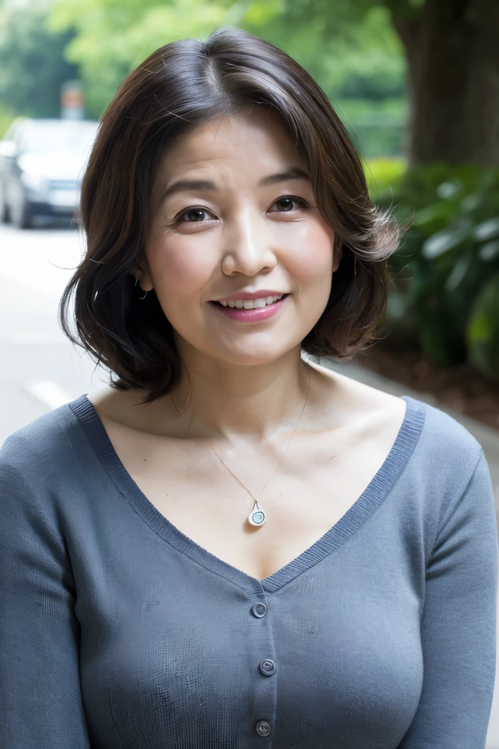 最high quality, In 8K, Masseter muscle area, Lifelike, Sharp focus, high quality, High resolution, Detailed face, Detailed eyes, Thick lips, (Look at the viewers), solo, Middle-aged women, , 60 years old, , Wavy Hair, Cleavage, Wearing a plain short-sleeved knit, Afternoon in front of the park garden, Wrinkles around the eyes, Toothy smile