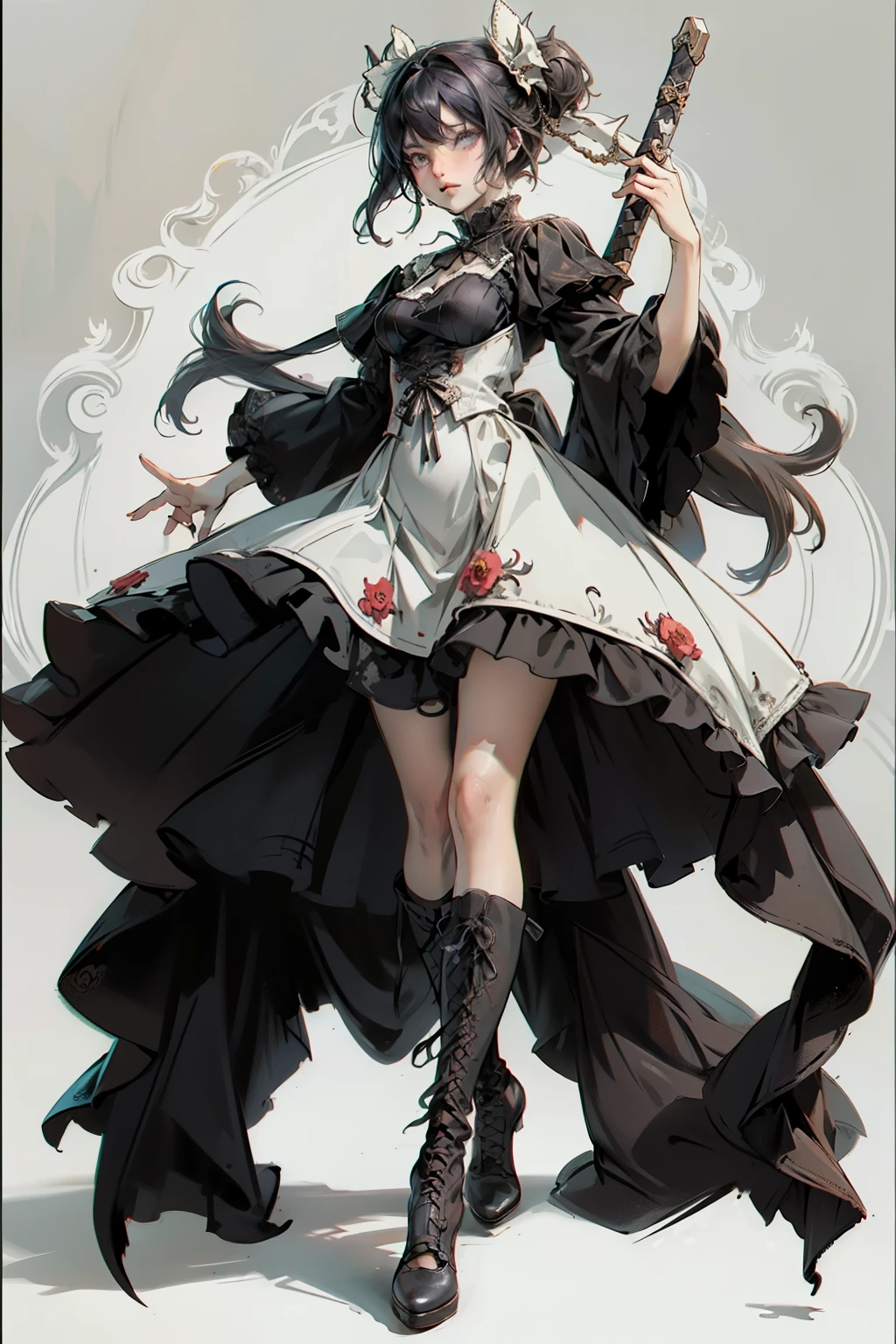 ((best quality)), ((masterpiece)), (detailed), blank white background, plain background, white background, red and white clothing, Bloodborne inspired, occult aesthetic, occult, detailed and intricate steampunk and detailed gothic, NSFW, Very dramatic and cinematic lighting, cosmic horror, grim-dark, side-lighting, perfect face, NSFW, Fluttering lace flared long knee length dress with frilly petticoats, knee length dress, pleated petticoats, ta dress, petticoats gothic lolicomplex lace boots, side-lighting, gothic lolita aetic, wielding a mighty sword, carbine, NSFW, beautiful small breasts, small breasts, full body, whole body, body, plain background, white background, blank background, no background, white background NSFW, full body, whole body, head-to-toe NSFW