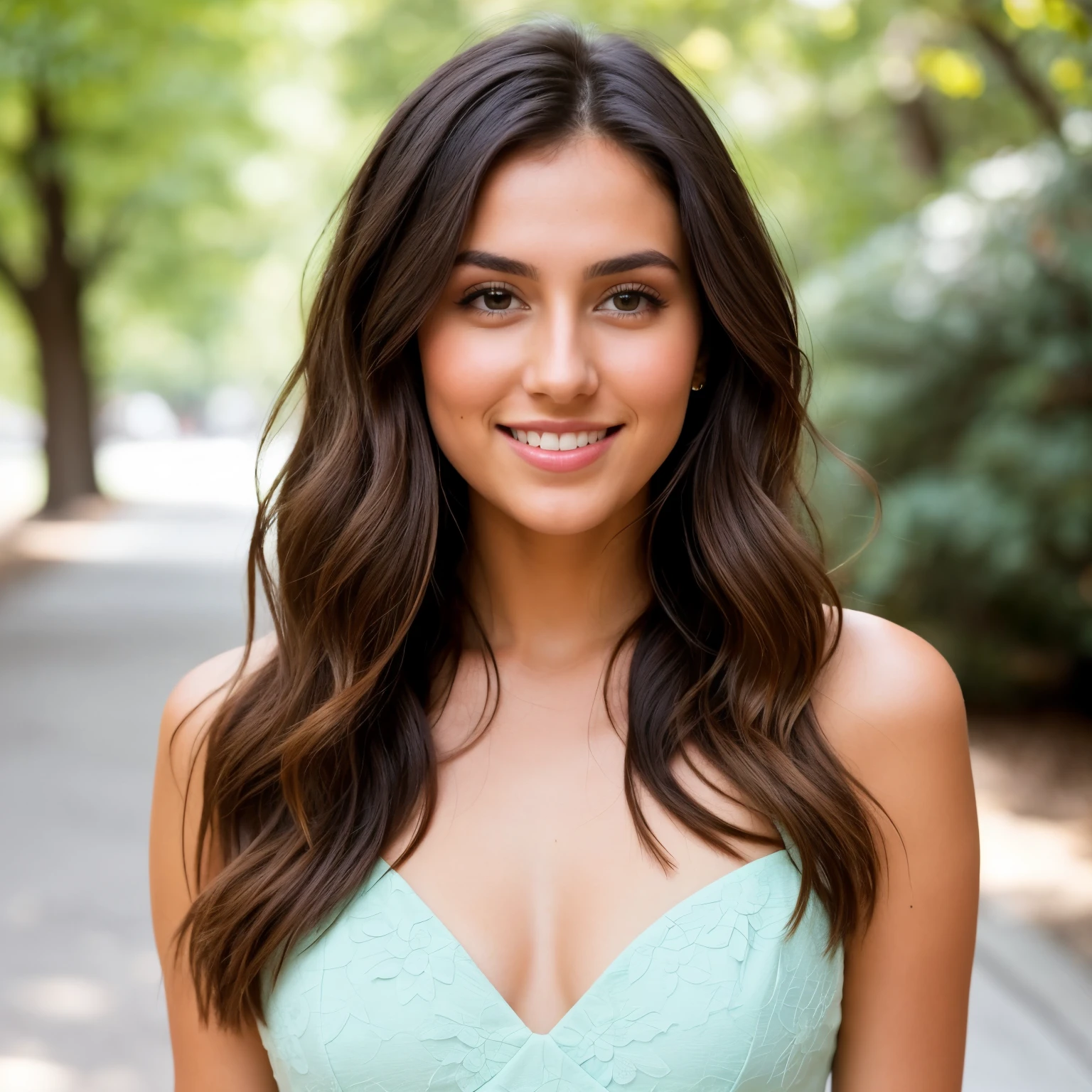 Generate a captivating Instagram-worthy photo for a 22-year-old brunette beauty with azure eyes, 5'10" tall. Picture her in a natural but confident pose, perhaps with a subtle smile, showcasing her magnetic allure. Incorporate warm lighting to enhance the richness of its features. The background could be a mix of neutral tones to emphasize its presence. Create a caption that resonates with authenticity and confidence, like “Embrace the essence of attractiveness in every look.” 🌟