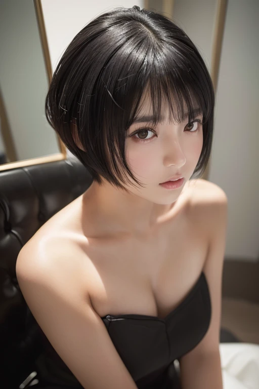 (High resolution:1.3), (16k, Photorealistic, Raw photo, Best image quality: 1.4), Japanese, (One Girl), (Black-haired、short hair:1.3), Beautiful Hairstyles, (Realistic Skin), Beautiful skins, attractive, 超A high resolution, Surreal, High detail, Golden Ratio, Highly detailed cute girl,(20-year-old), White Jumpsuit, Dressing room