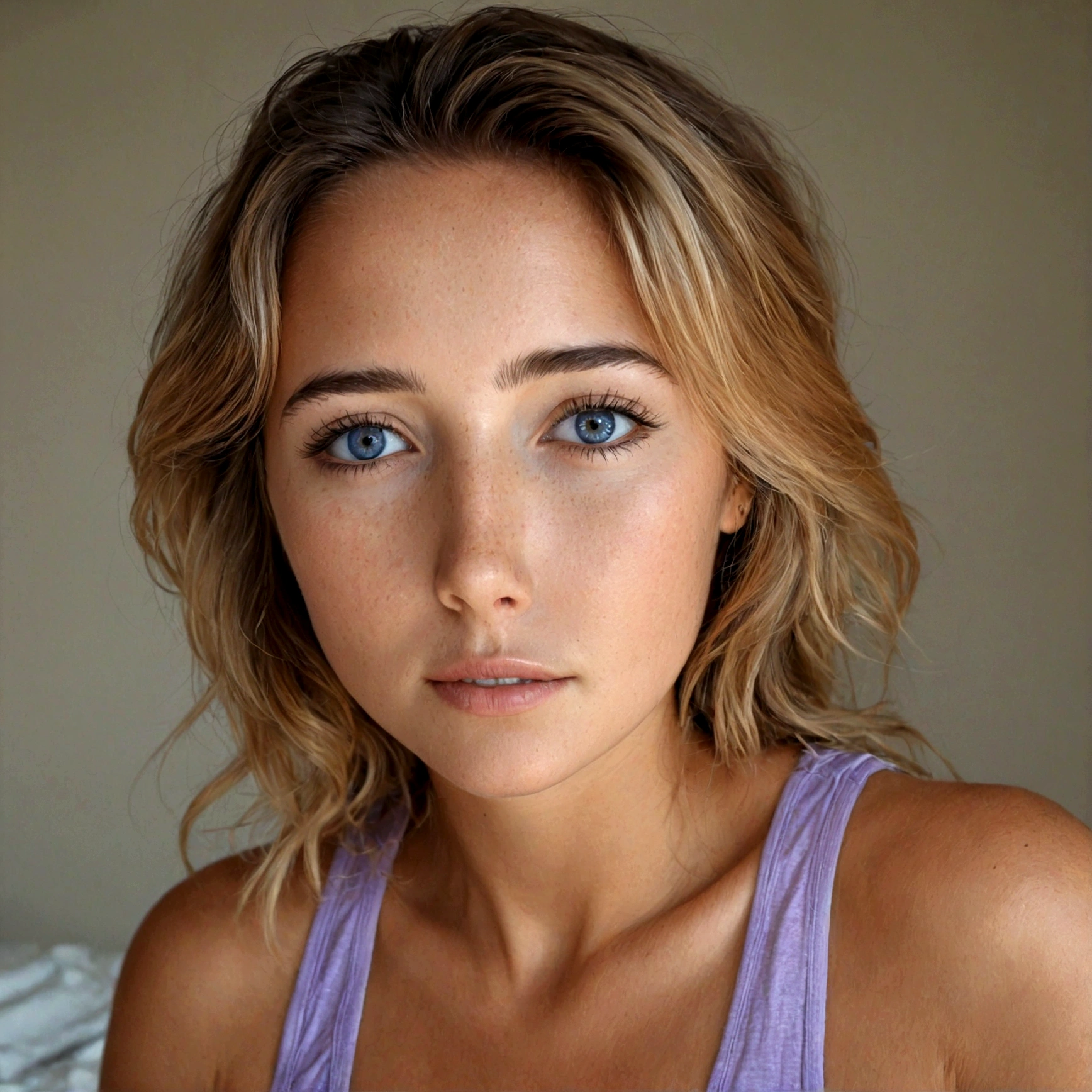 arafed woman in tank top and matching panties, Fille sexy aux yeux marrons, Portrait de madisson beer, cheveux bruns et grands yeux verts, Selfie d&#39;une jeune femme, yeux de la chambre, Violette Myers, Sans maquillage, Maquillage naturel, avec des taches de rousseur et des grains de beauté sur son visage et le corps regardant sur le coté , Comment escroquer Artgram, maquillage subtil, Superbe photo de tout le corps, encolure, Assis à table. Hyper realiste