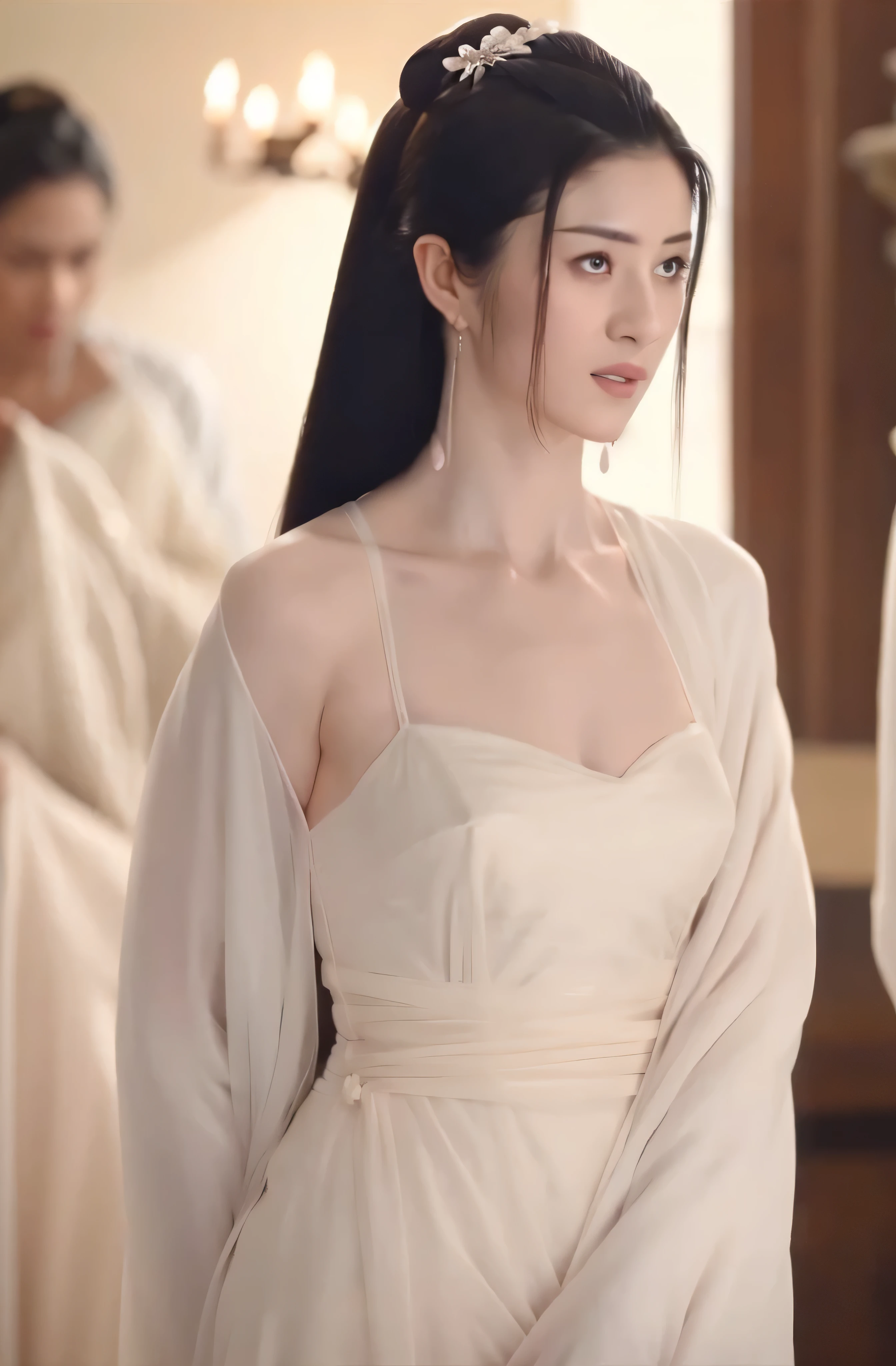 A beautiful woman，alone，Full breasts，Wearing a white silk dress