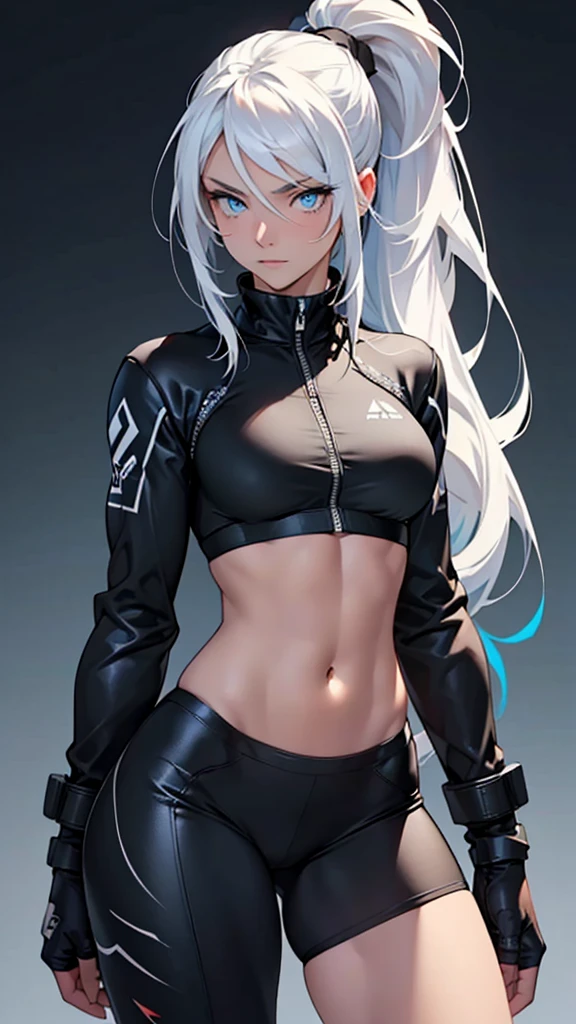 Beautiful girl in black  going to high-school detailed muscles realistic masterpieces full figure pose (best quality,ultra-detailed), white-haired girl, vibrant blue eyes, high ponytail, fair skin, fit body, slim figure, narrow waist, large buttocks, (confident expression), high school background on Earth