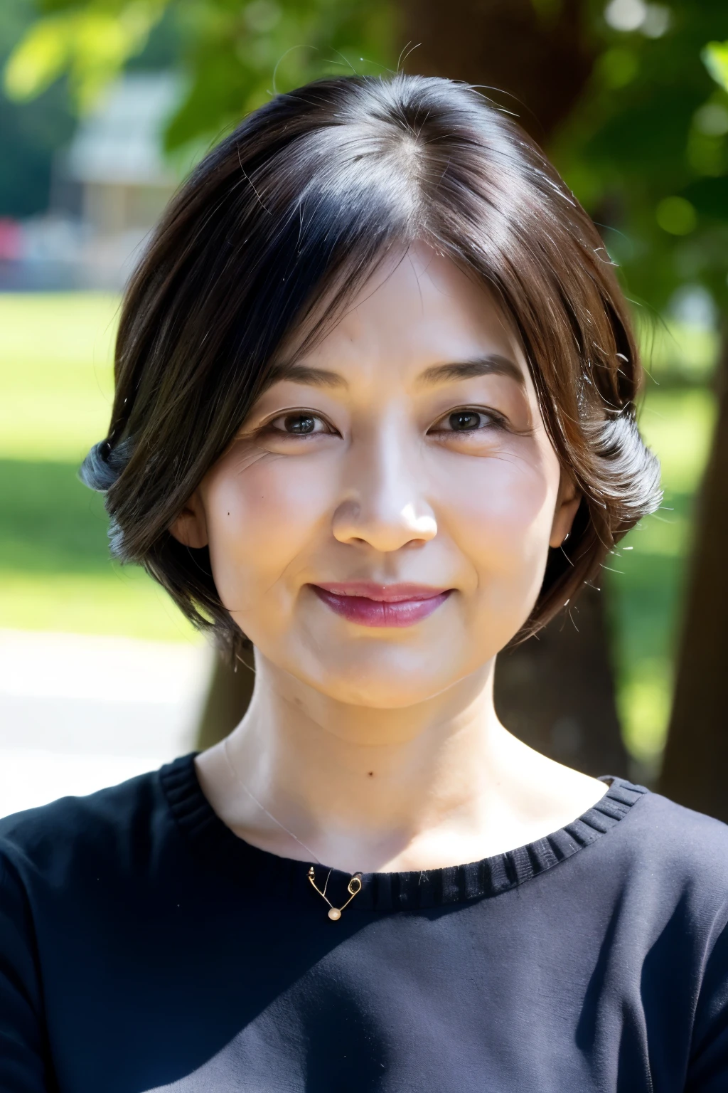 最high quality, In 8K, Masseter muscle area, Lifelike, Sharp focus, high quality, High resolution, Detailed face, Detailed eyes, Thick lips, (Look at the viewers), solo, Middle-aged women, , 60 years old, , Wavy Hair, Cleavage, Wearing a plain short-sleeved knit, Afternoon in front of the park garden, Wrinkles around the eyes, Toothy smile