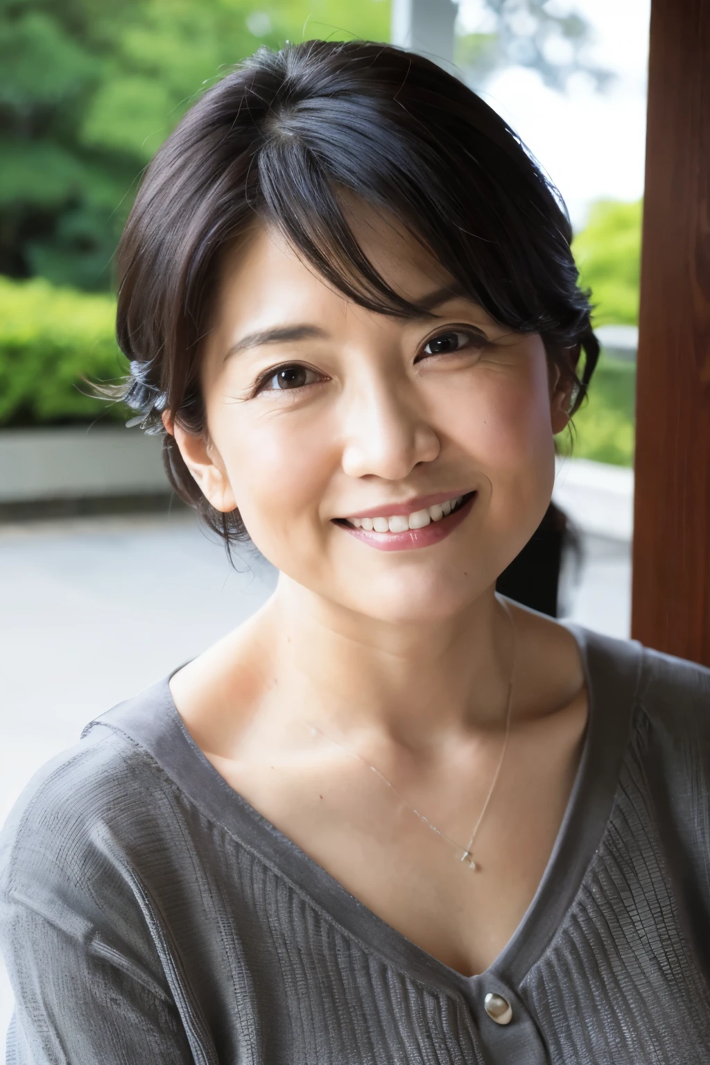 最high quality, In 8K, Masseter muscle area, Lifelike, Sharp focus, high quality, High resolution, Detailed face, Detailed eyes, Thick lips, (Look at the viewers), solo, Middle-aged women, , 60 years old, , Wavy Hair, Cleavage, Wearing a plain short-sleeved knit, Afternoon in front of the park garden, Wrinkles around the eyes, Toothy smile