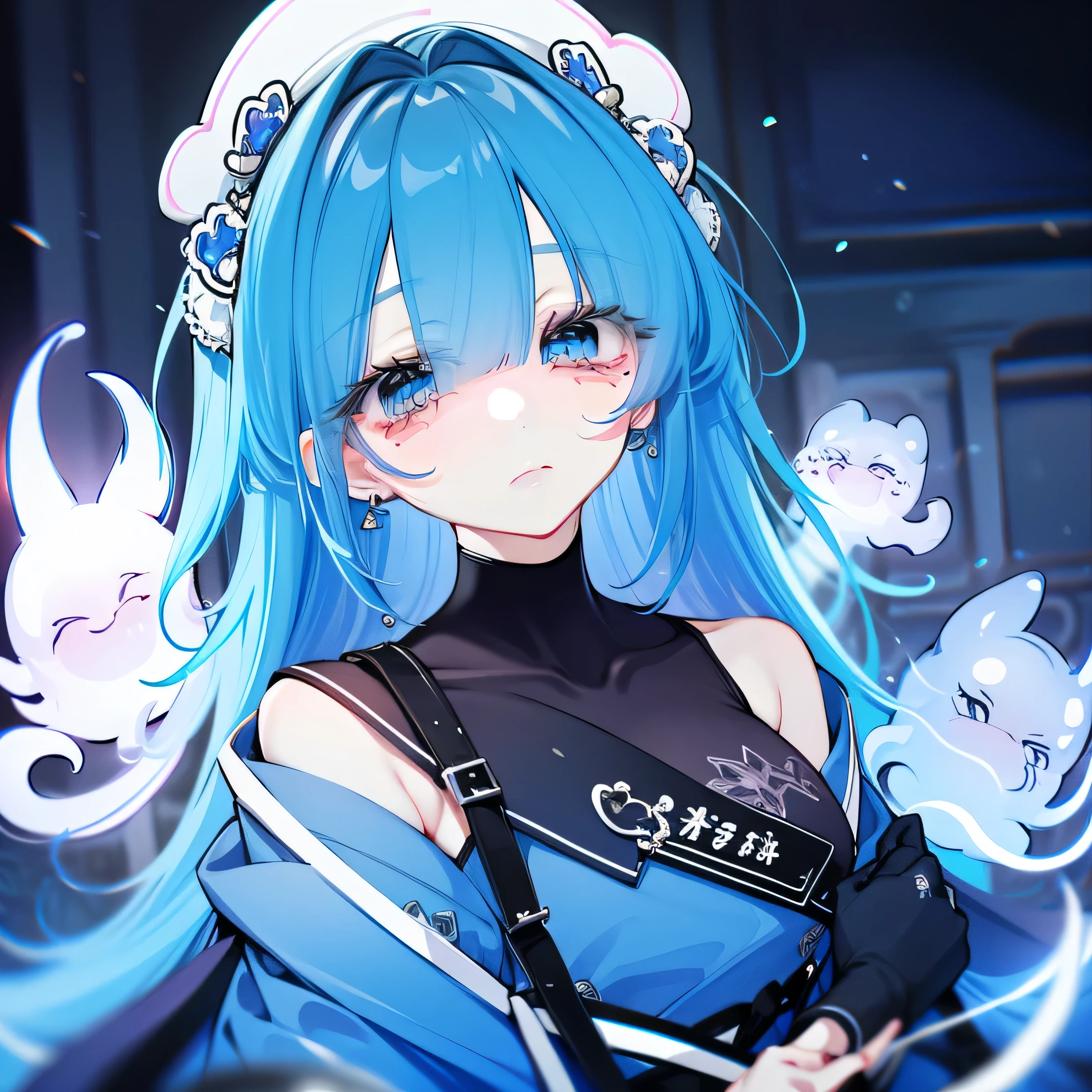 blue hairs,Half-length statue of a girl,k hd,4K,face expressionless,style of anime,sideface,white backgrounid,