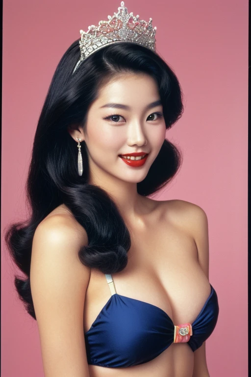 Seoul, 1982, A young korean beautiful girl, 22-year-old, sexy girl, strikingly beautiful, black hair, big breasts, delicate facial features, porcelain skin, red lips, expressive eyes, ((awe and joy expression)), a prizewinner in a beauty contest, miss korea, (Miss Korea blue Swimsuit), winner crown, the sash, ((hairstyle of the 1980s)),((pin up style)), pastel background, cowboy shot,