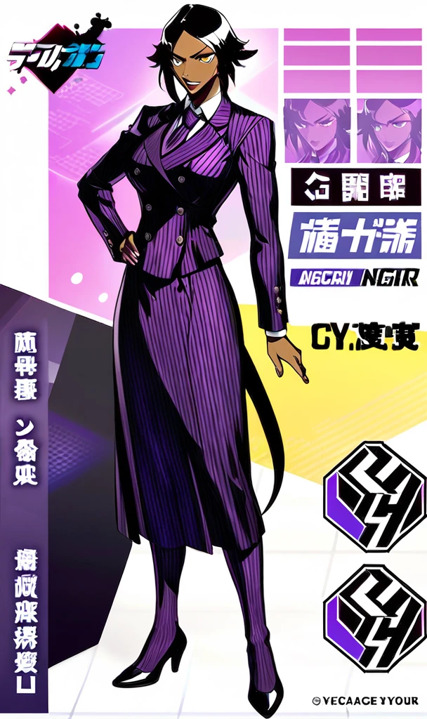  Full body Yoruichi as a thin Black business woman in a double breasted pinstripe purple  skirt suit while wearing a tie with a very long purple pinstripe skirt and with purple knee socks full art 