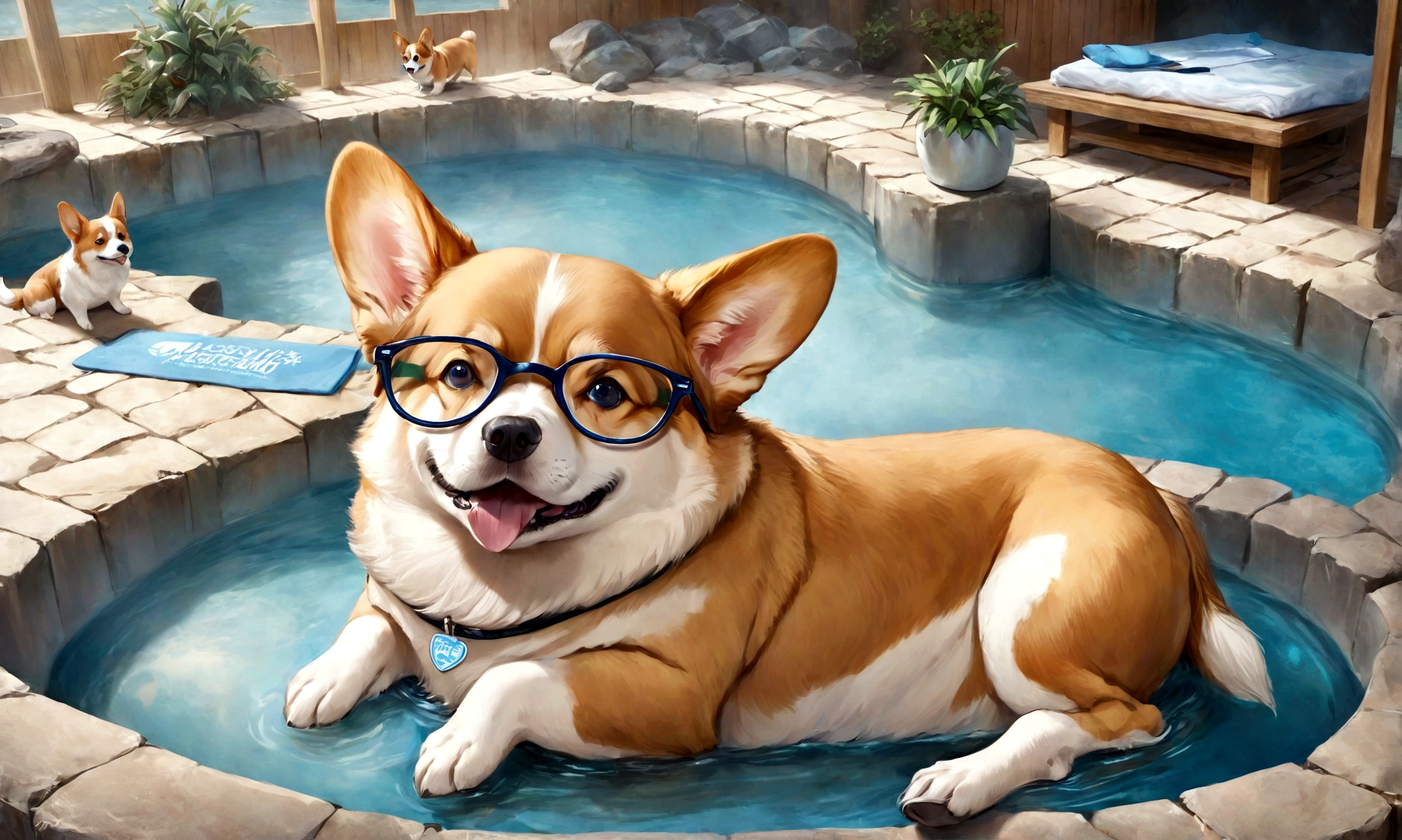 Cute adorable corgi dog, At the hot spring, Write a logo "University of North Carolina" On the body, Adorable digital painting, Realistic fantasy art, Beautiful digital art,Wear glasses,One animal,It is expanded,