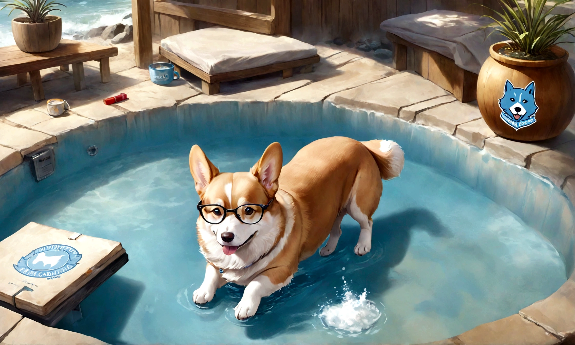 Cute adorable corgi dog, At the hot spring, Write a logo "University of North Carolina" On the body, Adorable digital painting, Realistic fantasy art, Beautiful digital art,Wear glasses,One animal,It is expanded,