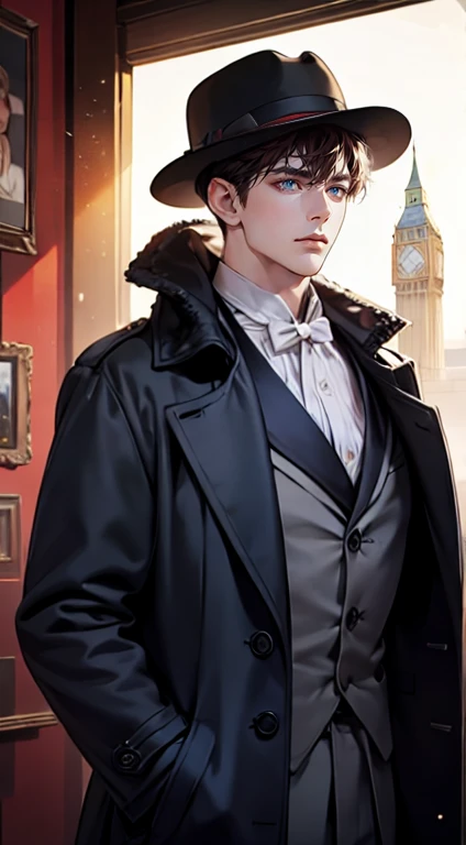 (tmasterpiece, high resolution, ultra - detailed:1.0),1 person, Mature male, Quiet and charming young man, 35 years old, closing her eyes, Serious look, ((dark gray blue eyes)), ((Right sweep short dark red  hair)), [Thick eyebrows], Detective, ((Wear a classic coat and fedora)), Looking at the audience, London, victorian age, color difference, Depth of field, dramatic shadow, Ray tracing, Best quality, Cinematic lighting, offcial art, Portrait