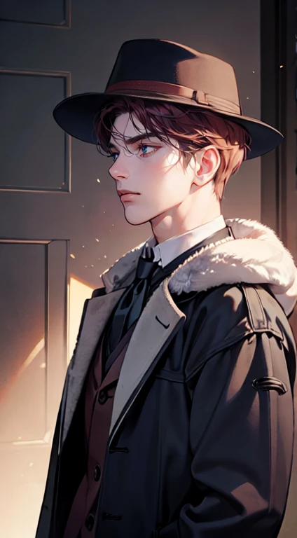 (tmasterpiece, high resolution, ultra - detailed:1.0),1 person, Mature male, Quiet and charming young man, 35 years old, closing her eyes, Serious look, ((dark gray blue eyes)), ((Right sweep short dark red  hair)), [Thick eyebrows], Detective, ((Wear a classic coat and fedora)), Looking at the audience, London, victorian age, color difference, Depth of field, dramatic shadow, Ray tracing, Best quality, Cinematic lighting, offcial art, Portrait