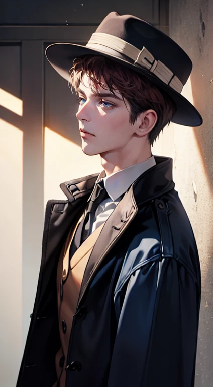 (tmasterpiece, high resolution, ultra - detailed:1.0),1 person, Mature male, Quiet and charming young man, 35 years old, closing her eyes, Serious look, ((dark gray blue eyes)), ((Right sweep short dark red  hair)), [Thick eyebrows], Detective, ((Wear a classic coat and fedora)), Looking at the audience, London, victorian age, color difference, Depth of field, dramatic shadow, Ray tracing, Best quality, Cinematic lighting, offcial art, Portrait
