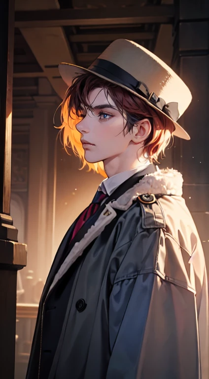 (tmasterpiece, high resolution, ultra - detailed:1.0),1 person, Mature male, Quiet and charming young man, 35 years old, closing her eyes, Serious look, ((dark gray blue eyes)), ((Right sweep short dark red  hair)), [Thick eyebrows], Detective, ((Wear a classic coat and fedora)), Looking at the audience, London, victorian age, color difference, Depth of field, dramatic shadow, Ray tracing, Best quality, Cinematic lighting, offcial art, Portrait