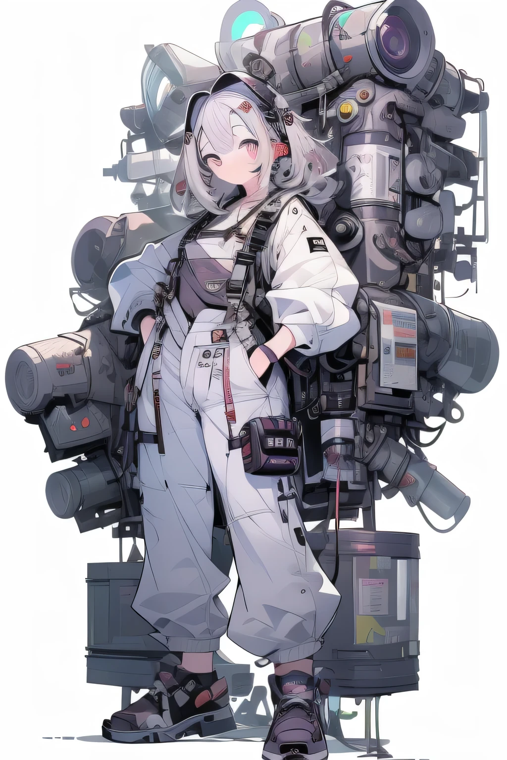 masterpiece, Best Quality, 4K, high resolution, ultra-detailed, High resolution, Ultra HD, sophisticated details, line art, thick lines, Backlight, ((Full body shot)), ((No background)), ((White background)), girl with long purple hair, white eyes, cute, chibi, purple overalls