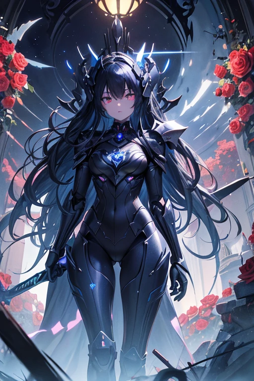 masterpiece,high quality,Super detailed,super fine illustration,8k,dynamic scenes,beautiful background,horror style,robotics,Robot,MECA,Head is Night Frame,Blue glowing twin eyes,The body is stylish,Both legs are sharp,On my back２Book Rapier,The shoulder emblem is a rose,(beautiful background:Victoria Palace,Roses are blooming all around)