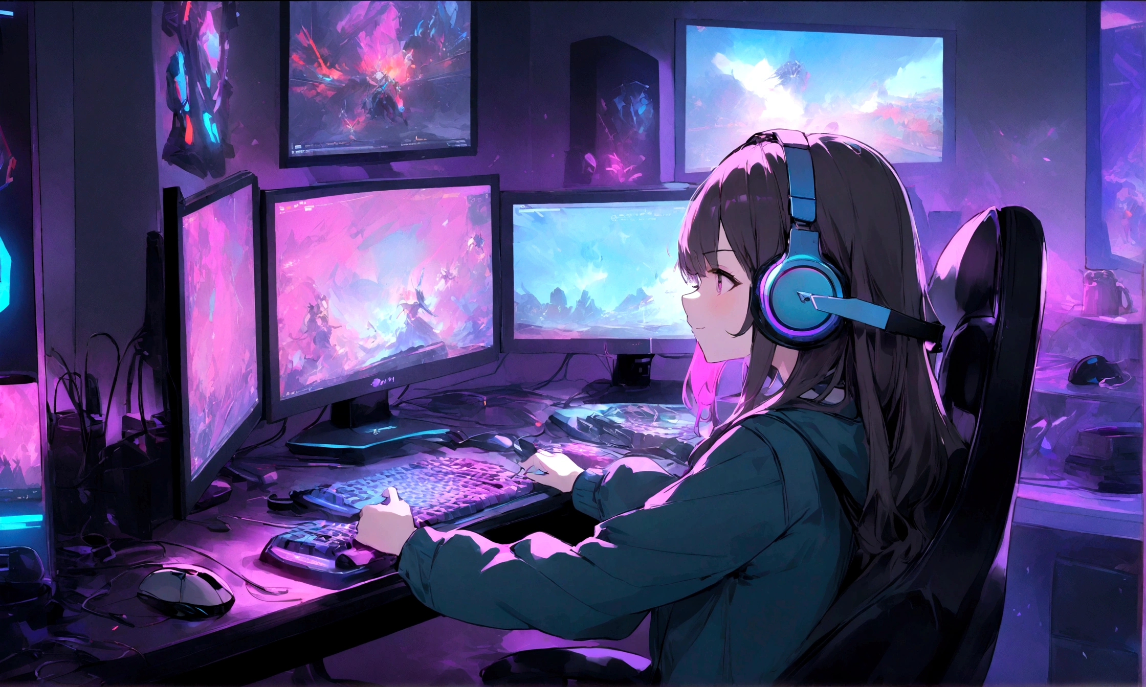 A girl playing computer games,leather gaming chair,high-end computer setup,gaming headphones,illuminated RGB keyboard,mouse with adjustable dpi,clean and organized gaming desk,comfortable setup,serious expression,concentrated facial expression,bright and colorful computer screen,multi-monitor setup,stylish and trendy gaming outfit,backlit gaming mousepad,minimalist background,modern and sleek gaming setup,ergonomic gaming mouse,high refresh rate display,fast reaction time,competitive gaming atmosphere,professional gamer,dedicated gaming room,in-game action,immersive gaming experience,high-performance gaming PC,high-quality graphics,rapid mouse movements,fast-paced gameplay,precise mouse accuracy,efficient key inputs,high frame rate,seamless gaming performance,vibrant and dynamic visuals,advanced gaming technology,competitive gaming setup,fluid animation effects,strong focus and concentration,professional esports player,competitive gaming championships.