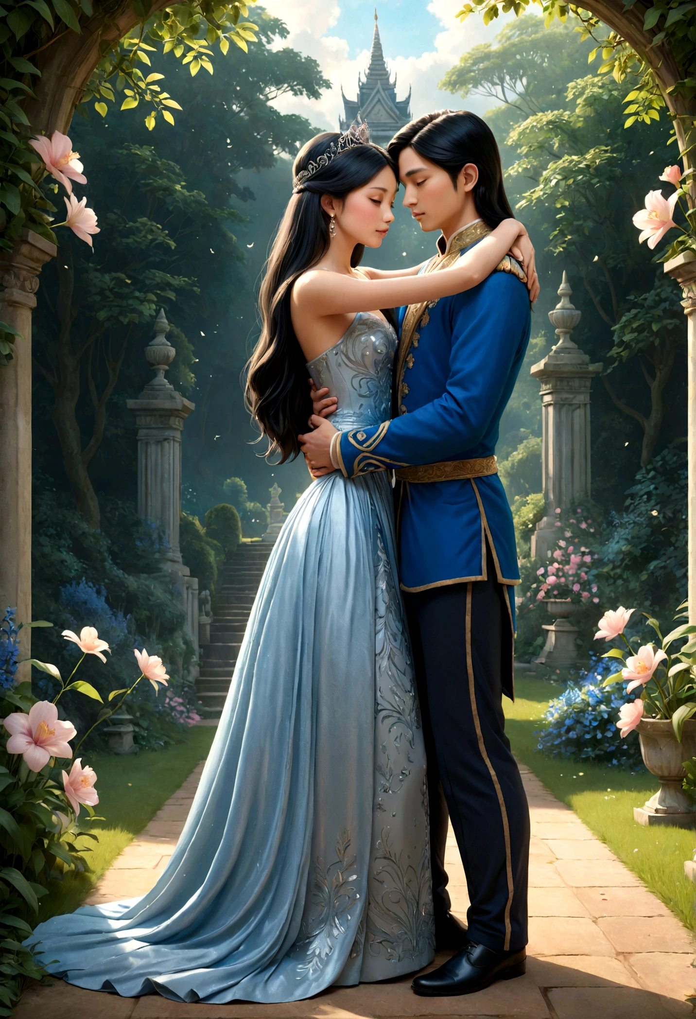 A captivating 3D rendering of an enchanting scene featuring two women, one with long, straight black hair and Thai features, dressed as a princess in a stunning blue gown, and the other with semi-long light brown hair and British features, dressed as a princess in a shimmering silver dress. They share a tender embrace, their love apparent in the soft, intimate hug. The lush garden surrounding them is filled with vibrant flowers in full bloom, creating an atmosphere of romance and serenity. The words "Freen&Becky (Forever)" are delicately etched in an elegant font, adding a personal touch to this captivating illustration. This stunning photograph, which masterfully combines elements of photography, typography, and illustration, is a powerful testament to the enduring power of love., poster, typography, illustration