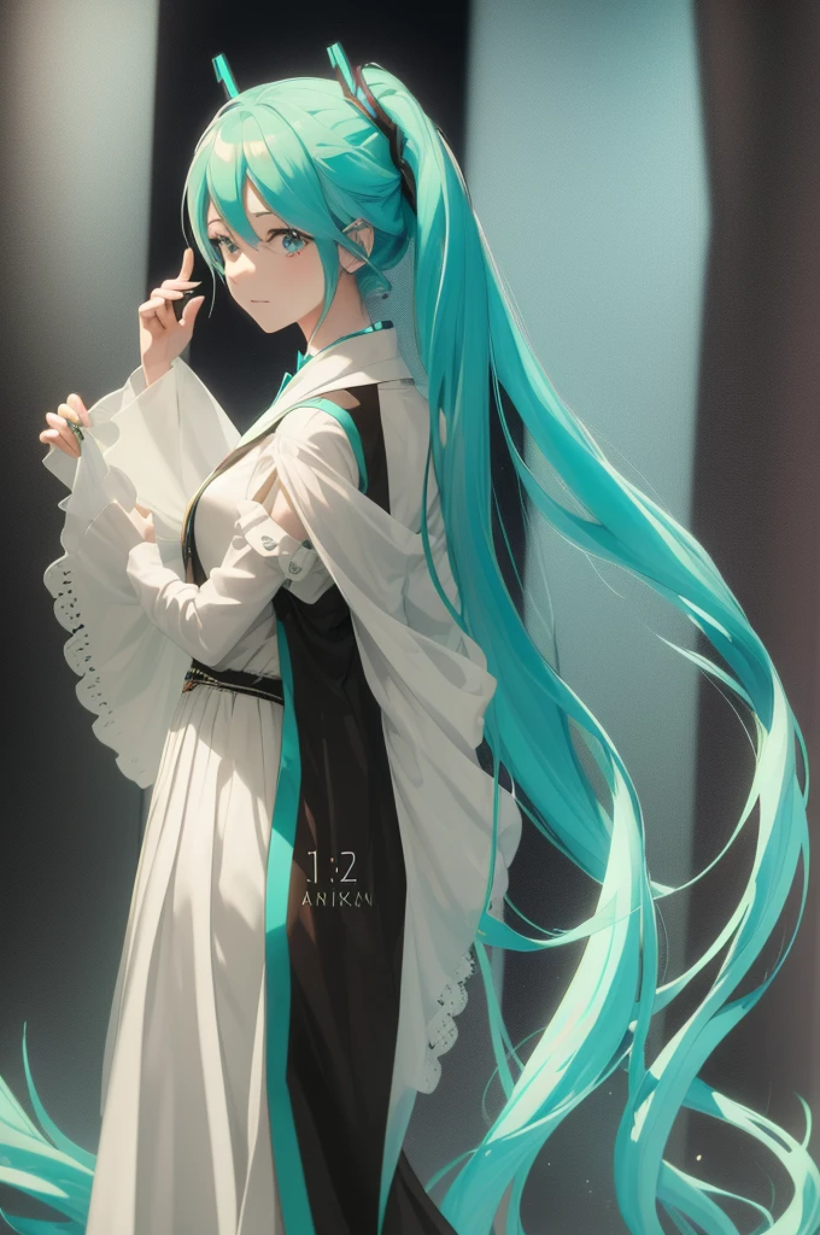 Primer plano del personaje estilo Hatsune Miku,Long hair shawl,atar una corbata,Epic CGI animation filmed in 8K HD,Retrato de Hatsune Miku,action pack,El rostro de Hatsune Miku de un vistazo,peinado de cola gemela,estilo animado 4k。