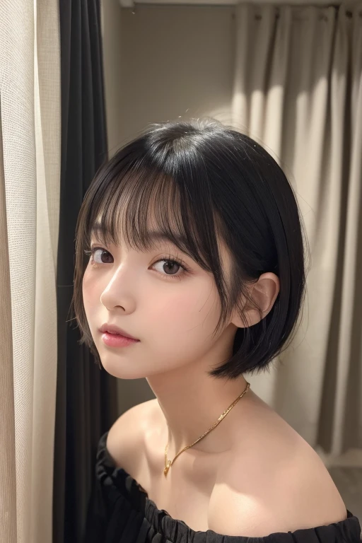 (High resolution:1.3), (16k, Photorealistic, Raw photo, Best image quality: 1.4), Japanese, (One Girl), (Black-haired、short hair:1.3), Beautiful Hairstyles, (Realistic Skin), Beautiful skins, attractive, 超A high resolution, Surreal, High detail, Golden Ratio, Highly detailed cute girl,(20-year-old), Colorful Fashion, (Dressing room、Private room、curtain)