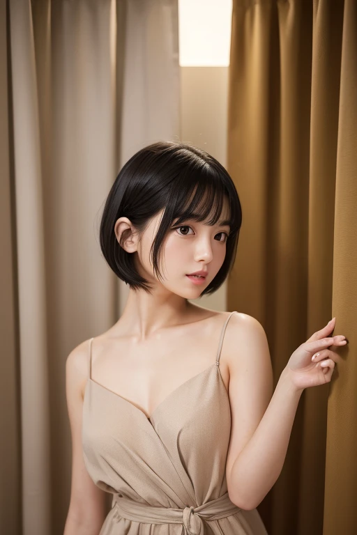 (High resolution:1.3), (16k, Photorealistic, Raw photo, Best image quality: 1.4), Japanese, (One Girl), (Black-haired、short hair:1.3), Beautiful Hairstyles, (Realistic Skin), Beautiful skins, attractive, 超A high resolution, Surreal, High detail, Golden Ratio, Highly detailed cute girl,(20-year-old), Colorful Fashion, (Dressing room、Private room、curtain)