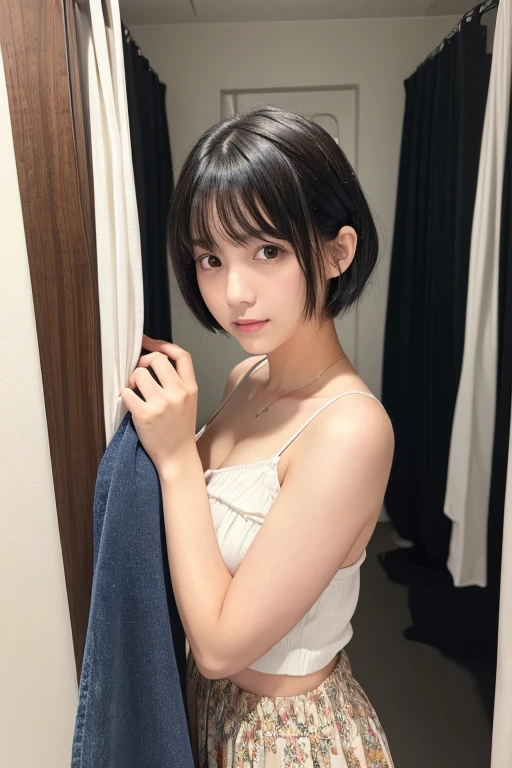 (High resolution:1.3), (16k, Photorealistic, Raw photo, Best image quality: 1.4), Japanese, (One Girl), (Black-haired、short hair:1.3), Beautiful Hairstyles, (Realistic Skin), Beautiful skins, attractive, 超A high resolution, Surreal, High detail, Golden Ratio, Highly detailed cute girl,(20-year-old), Colorful Fashion, (Dressing room、Private room、curtain)