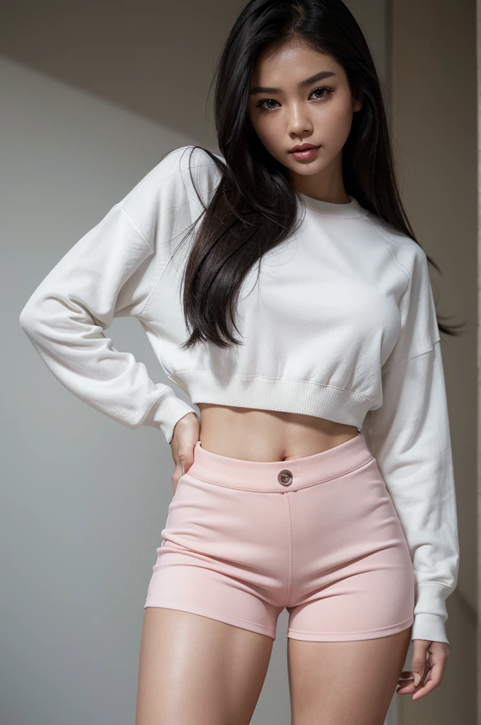 1woman, woman, asian woman, woman, hot woman, asian/Philippines model, beautiful, model, sport shorts, girly shorts, running shorts, casual woman shorts, sweater, cute female sweater, sweater, great figure, perfect proportions, black hair, long black hair, long beautiful black hair, white eyes, perfect beautiful white eyes, detailed white eyes, majestic woman great figure, asian/Philippines, asian woman, light pink lipstick, perfect face, cemeterial face, great body, beautiful body perfect face with white eyes black hair light pink lipstick asian/Philippines,casual clothes, sport shorts, girly shorts, running shorts, casual woman shorts, sweater, cute female sweater, sweater, asian woman, (Thick body, great figure) BREAK highly realistic, perfect image, realistic image, photorealistic, real image, real photo 8k image, high-resolution. [perfect hands, perfect legs, perfect proportions, perfect face, woman] asian woman, beautiful asian woman (white eyes, beautiful white eyes, detailed white eyes) *black hair* *white eyes* *sportshorts for woman* *oversized sweater*
