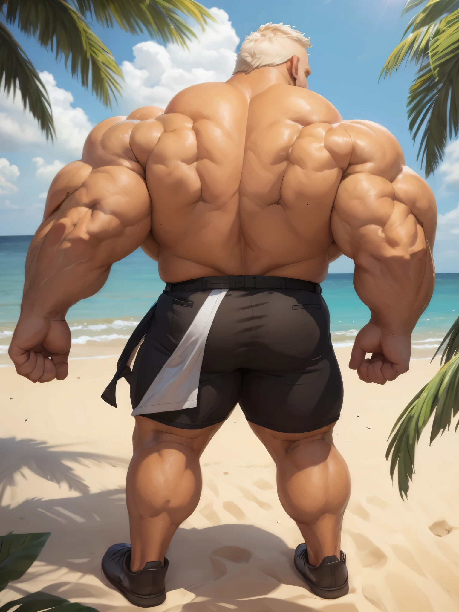 beach, back view, extremely huge muscular, massive muscular, full-body, well-muscled old man in a white shirt and showing back muscle. ((extremely muscle size, super thick arms, huge back, extremely wide back and shoulder , huge arms)). and add details to make it attractive and interesting. Add textures and details to make the image more realistic, such as the appearance of the shirt texture and the appearance of the skin. Make sure the resulting image is high resolution, 8K quality."