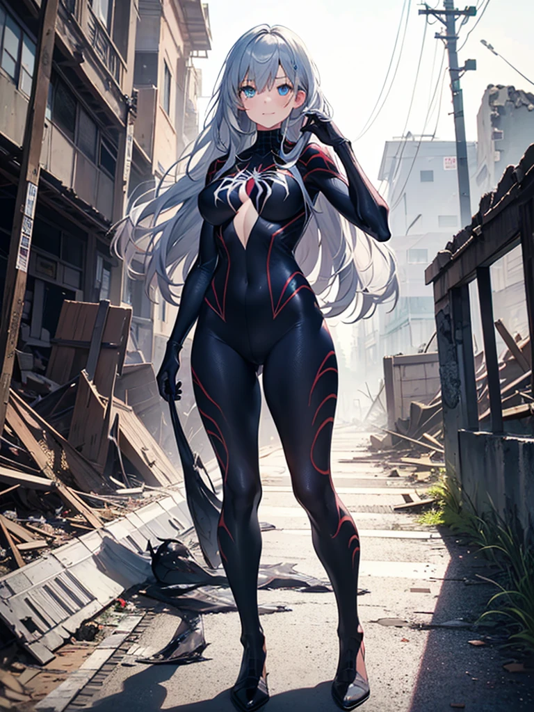 (full body),One girl,Big Breasts,Standing in the ruins of a city,(8k),scratch,Detailed face,Gray Hair,Dark blue eyes,Long Hair,Embarrassing,A small smile,expensive_resolution, expensive_meaning,battlefield,Brave pose,Dark colored suit,(Symbiote Spiderman Custom:1.1),