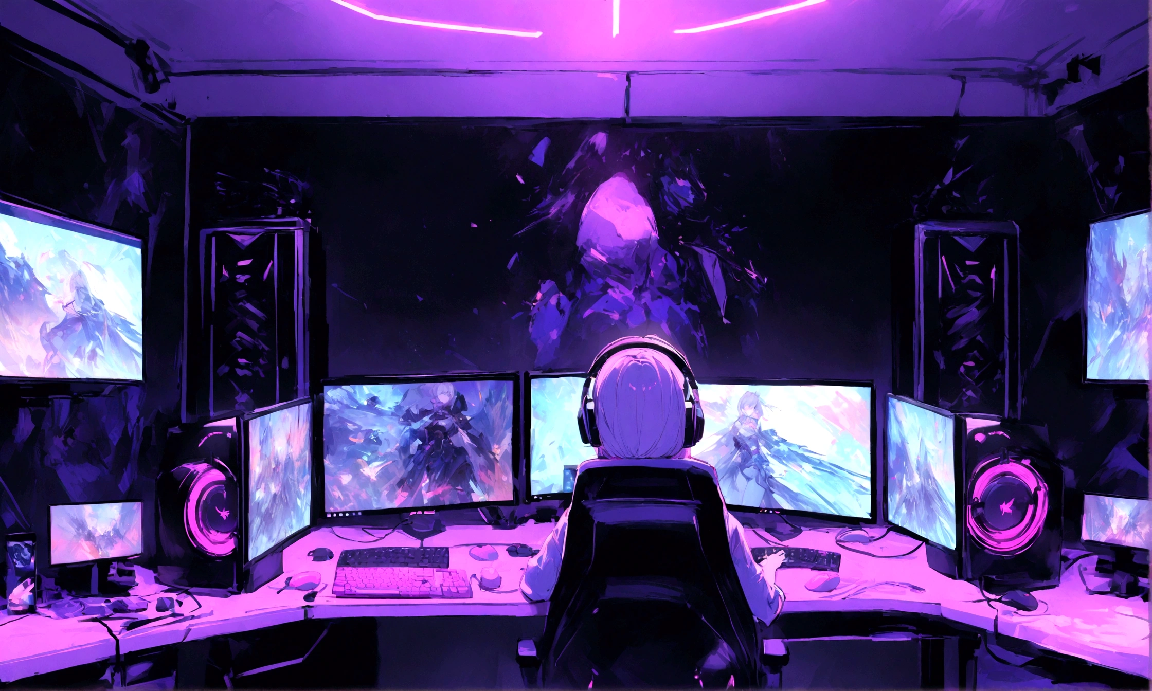 A girl playing computer games,leather gaming chair,high-end computer setup,gaming headphones,illuminated RGB keyboard,mouse with adjustable dpi,clean and organized gaming desk,comfortable setup,serious expression,concentrated facial expression,bright and colorful computer screen,multi-monitor setup,stylish and trendy gaming outfit,backlit gaming mousepad,minimalist background,modern and sleek gaming setup,ergonomic gaming mouse,high refresh rate display,fast reaction time,competitive gaming atmosphere,professional gamer,dedicated gaming room,in-game action,immersive gaming experience,high-performance gaming PC,high-quality graphics,rapid mouse movements,fast-paced gameplay,precise mouse accuracy,efficient key inputs,high frame rate,seamless gaming performance,vibrant and dynamic visuals,advanced gaming technology,competitive gaming setup,fluid animation effects,strong focus and concentration,professional esports player,competitive gaming championships. back view