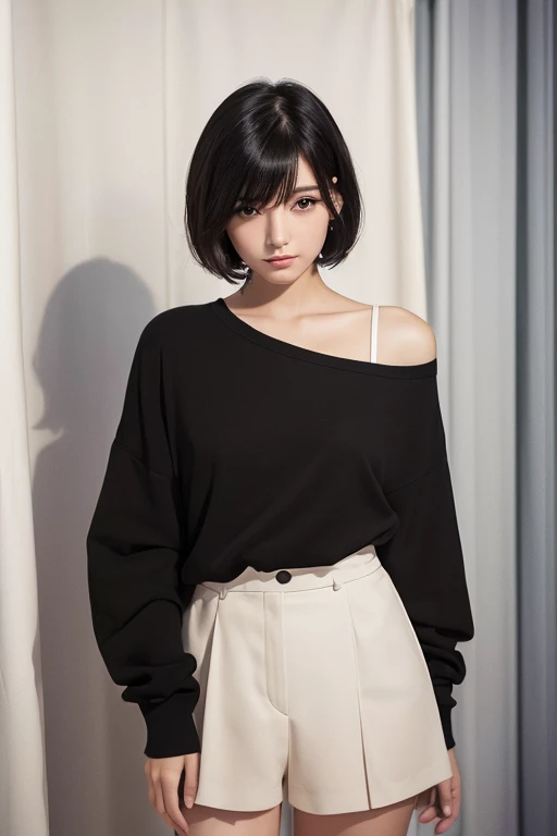 (High resolution:1.3), (16k, Photorealistic, Raw photo, Best image quality: 1.4), Japanese, (One Girl), (Black-haired、short hair:1.3), Beautiful Hairstyles, (Realistic Skin), Beautiful skins, attractive, 超A high resolution, Surreal, High detail, Golden Ratio, Highly detailed cute girl,(20-year-old), Colorful Fashion, (Fitting booth、Apparel Shop、curtain)