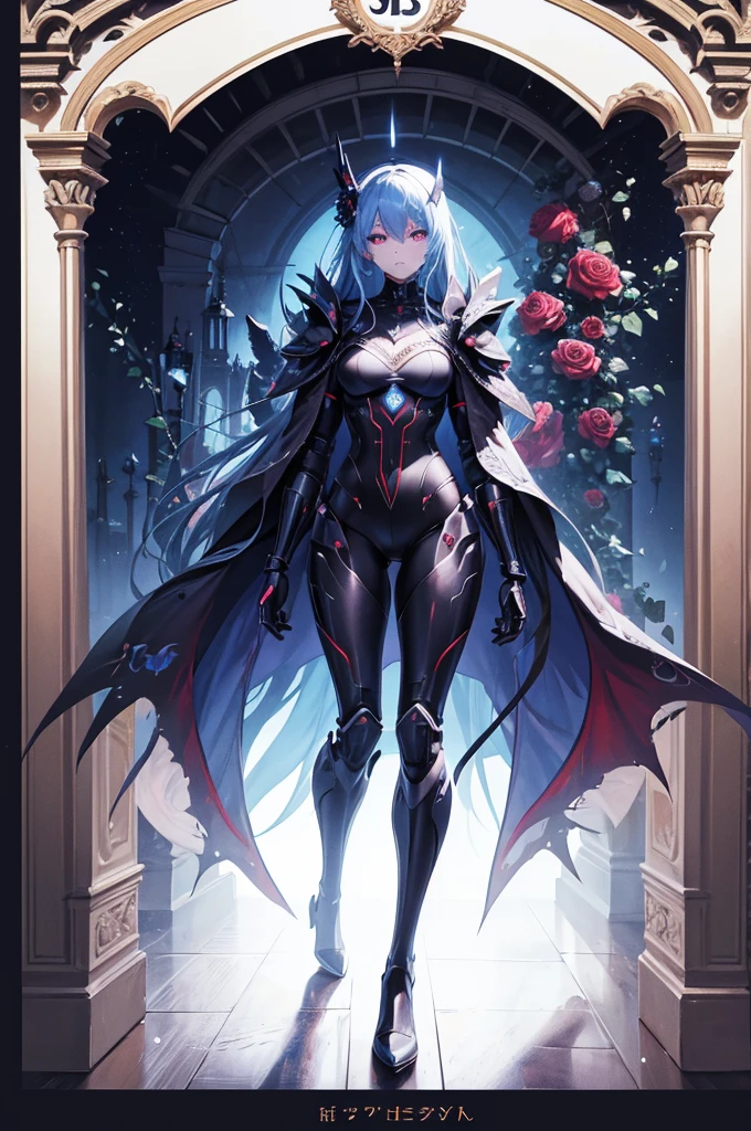 masterpiece,high quality,Super detailed,super fine illustration,8k,dynamic scenes,beautiful background,horror style,robotics,Robot,MECA,Head is Night Frame,Blue glowing twin eyes,The body is stylish,Both legs are sharp,On my back２Book Rapier,The shoulder emblem is a rose,(beautiful background:Victoria Palace,Roses are blooming all around)