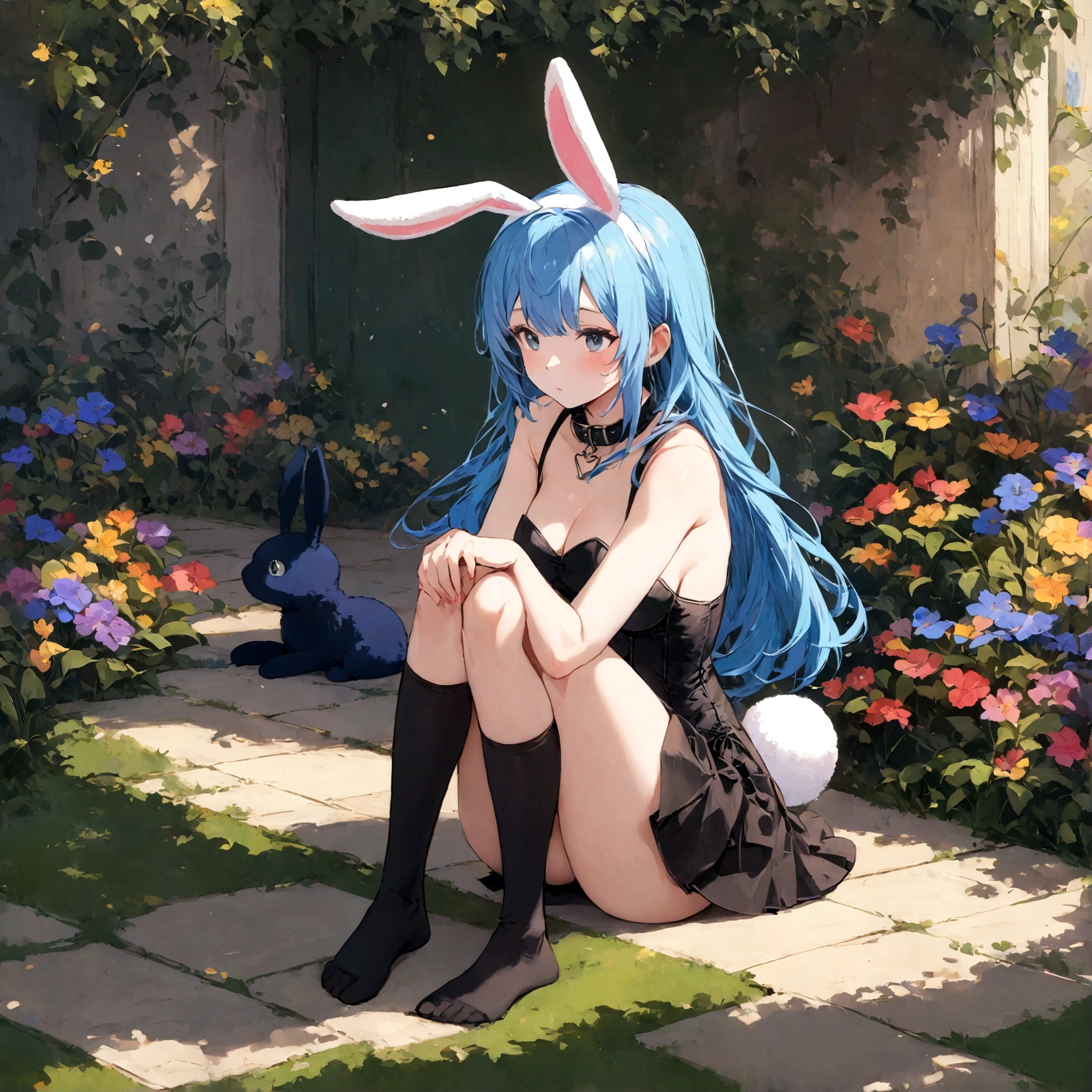a sexy female with long blue hair, has big fuzzy bunny ears, has a bunny tail, wearing a black corset, wearing a black mini skirt, has a dark blue dog collar on, wearing cute thigh high socks, relaxing on knees, solo, alone, (SOLO)ALONE), no dogs, single girl, on knees, outside in a garden surrounded by multi colored flowers of all sorts