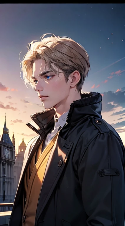 (tmasterpiece, high resolution, ultra - detailed:1.0),1 person, Mature male, Quiet and charming young man, 35 years old, closing her eyes, Serious look, ((dark gray blue eyes)), ((Right sweep short dark golden hair)), [Thick eyebrows], Detective, ((Wear a classic coat)), Looking at the audience, London, victorian age, color difference, Depth of field, dramatic shadow, Ray tracing, Best quality, Cinematic lighting, offcial art, Portrait