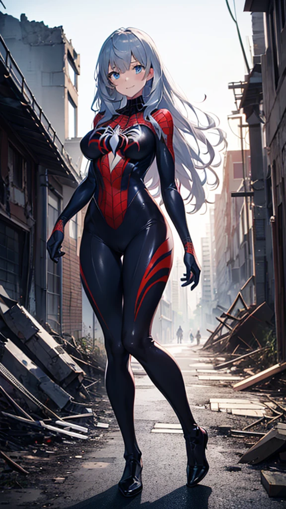 (full body),One girl,Big Breasts,Standing in the ruins of a city,(8k),scratch,Detailed face,Gray Hair,Dark blue eyes,Long Hair,Embarrassing,A small smile,expensive_resolution, expensive_meaning,battlefield,Brave pose,Dark colored suit,(Symbiote Spiderman Custom:1.1),