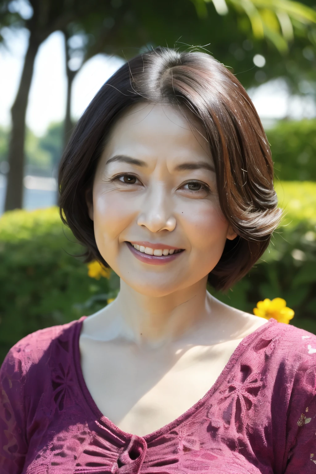 最high quality, In 8K, Masseter muscle area, Lifelike, Sharp focus, high quality, High resolution, Detailed face, Detailed eyes, Thick lips, (Look at the viewers), solo, Middle-aged women, , 60 years old, , Wavy Hair, Cleavage, Wearing a plain short-sleeved knit, Afternoon in front of the park garden, Wrinkles around the eyes, Toothy smile