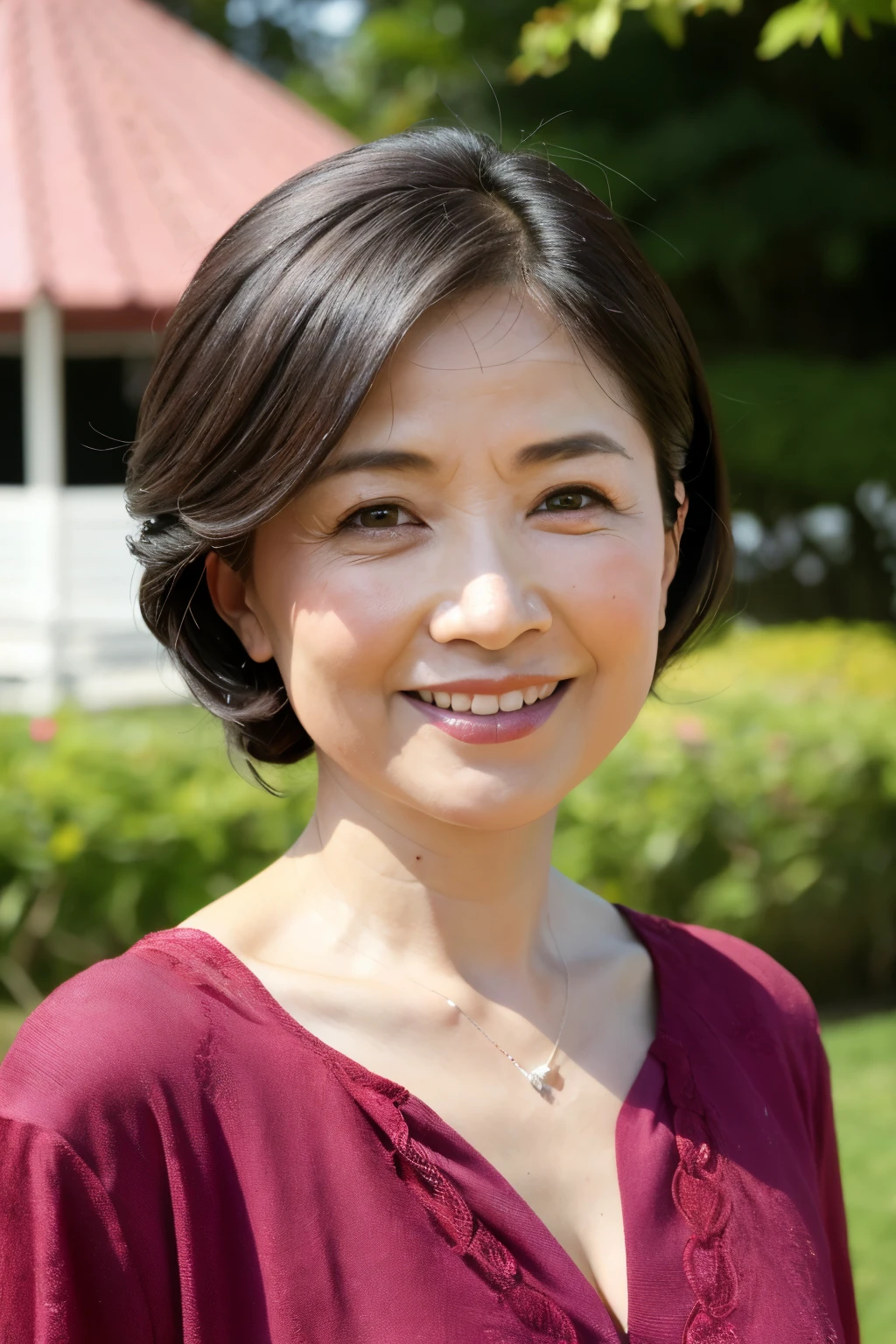 最high quality, In 8K, Masseter muscle area, Lifelike, Sharp focus, high quality, High resolution, Detailed face, Detailed eyes, Thick lips, (Look at the viewers), solo, Middle-aged women, , 60 years old, , Wavy Hair, Cleavage, Wearing a plain short-sleeved knit, Afternoon in front of the park garden, Wrinkles around the eyes, Toothy smile