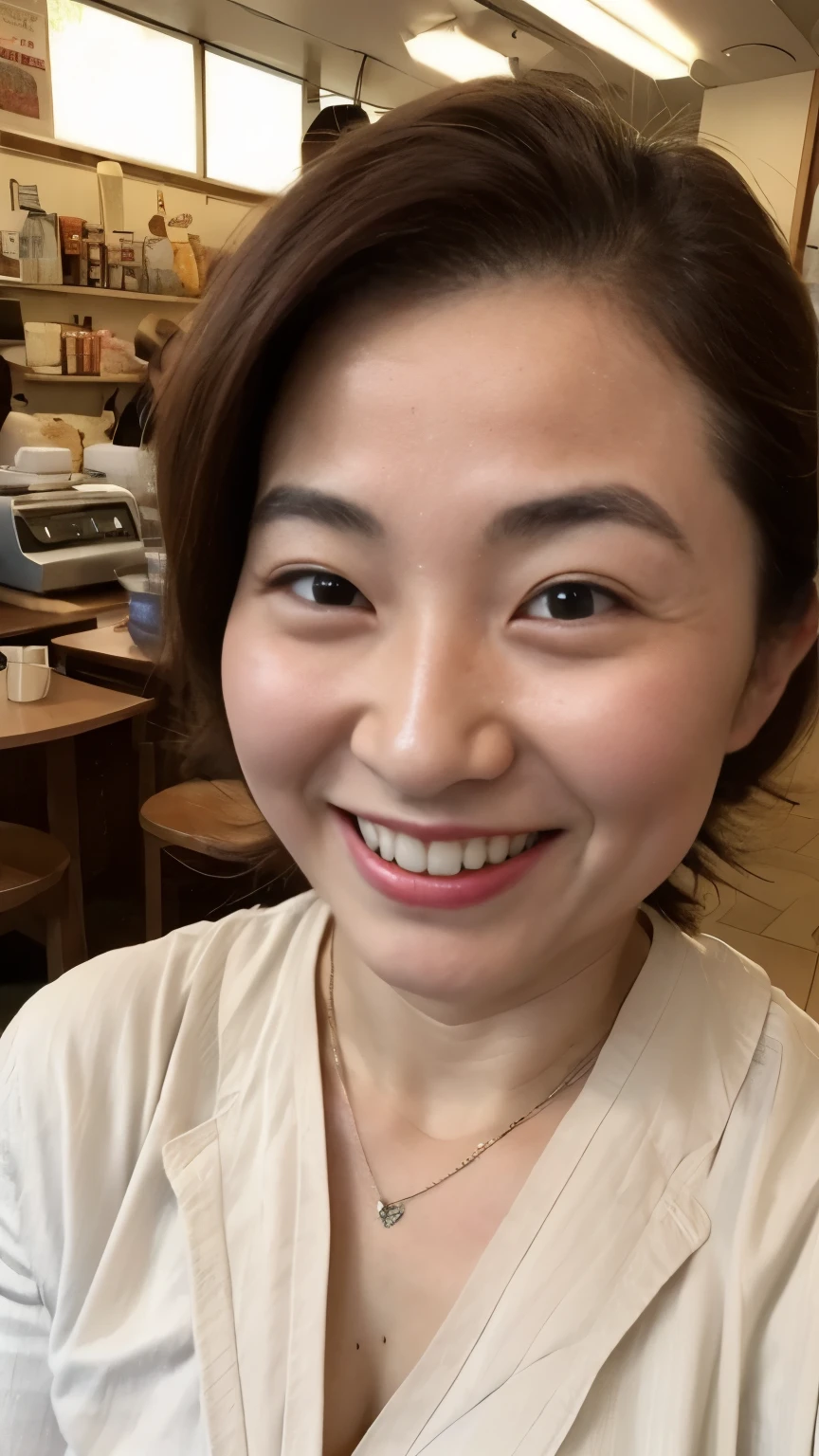 Girl, Fit the top of your head to the screen, Focused, Sitting in a coffee shop, gravure, Toothy smile, highest quality, Very detailed, Realistic, Ultra-dense skin, Anatomically correct, , , 110 years old, Big Breasts, , , , Pure white skin, Looking at the audience,