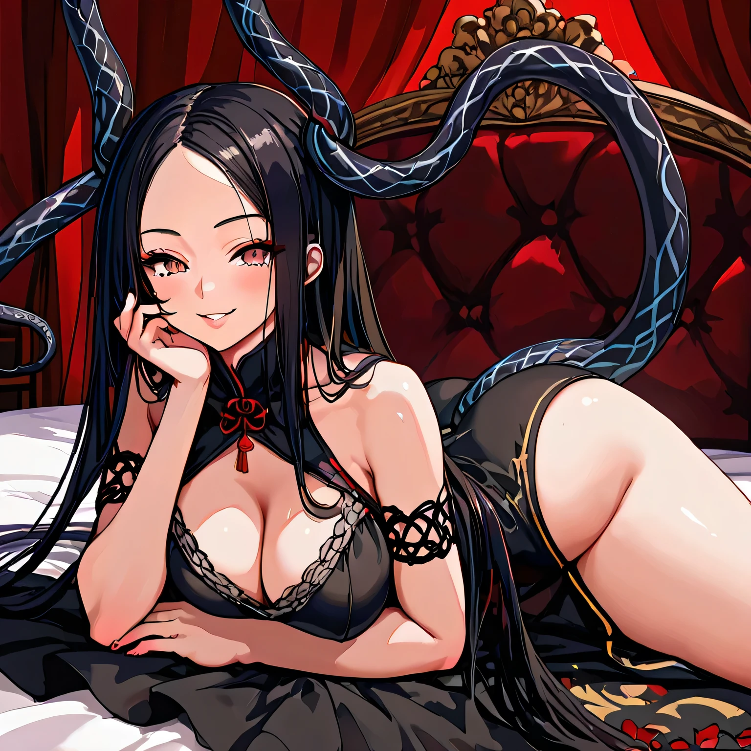 anime girl with big boos posing on a bed in a black outfit, , seductive anime girl, in dress, thicc, top rated on pixiv, oppai, teasing smile, , breasts covered and sfw, 2b, 2 b, sexy gaze, popular on pixiv, pixiv 3dcg, shikamimi