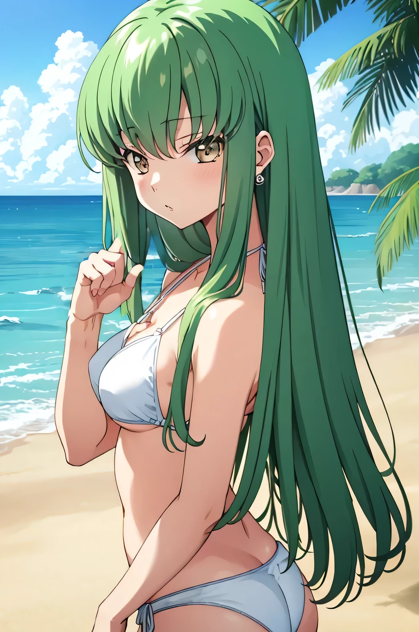 Seaside、White fluffy bikini、solo、Make your face clear、Green hair color、Cheeks are a little red、The gesture of tucking hair behind the ear、Raise your index finger
