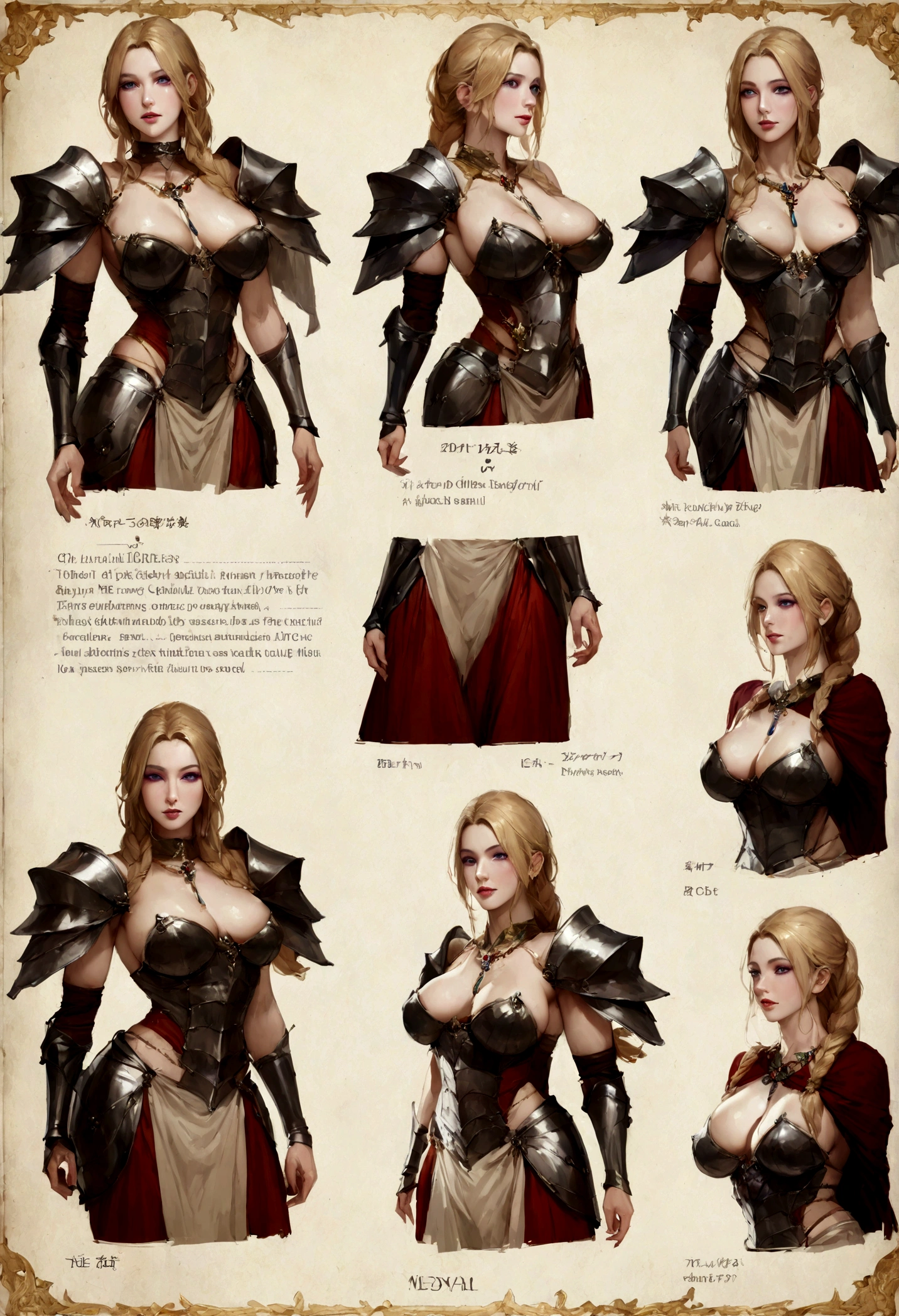 Masterpiece, best quality), detailed, character sheet, many items (the same person, medieval royal sexy armor, GODDESS , LOT OF JEWELRY, many parts), athletic, busty, GODDES girl, detailed beautiful purple eyes, detailed face, BLONDE and white skin, braided ponytail, full of details,realistic.