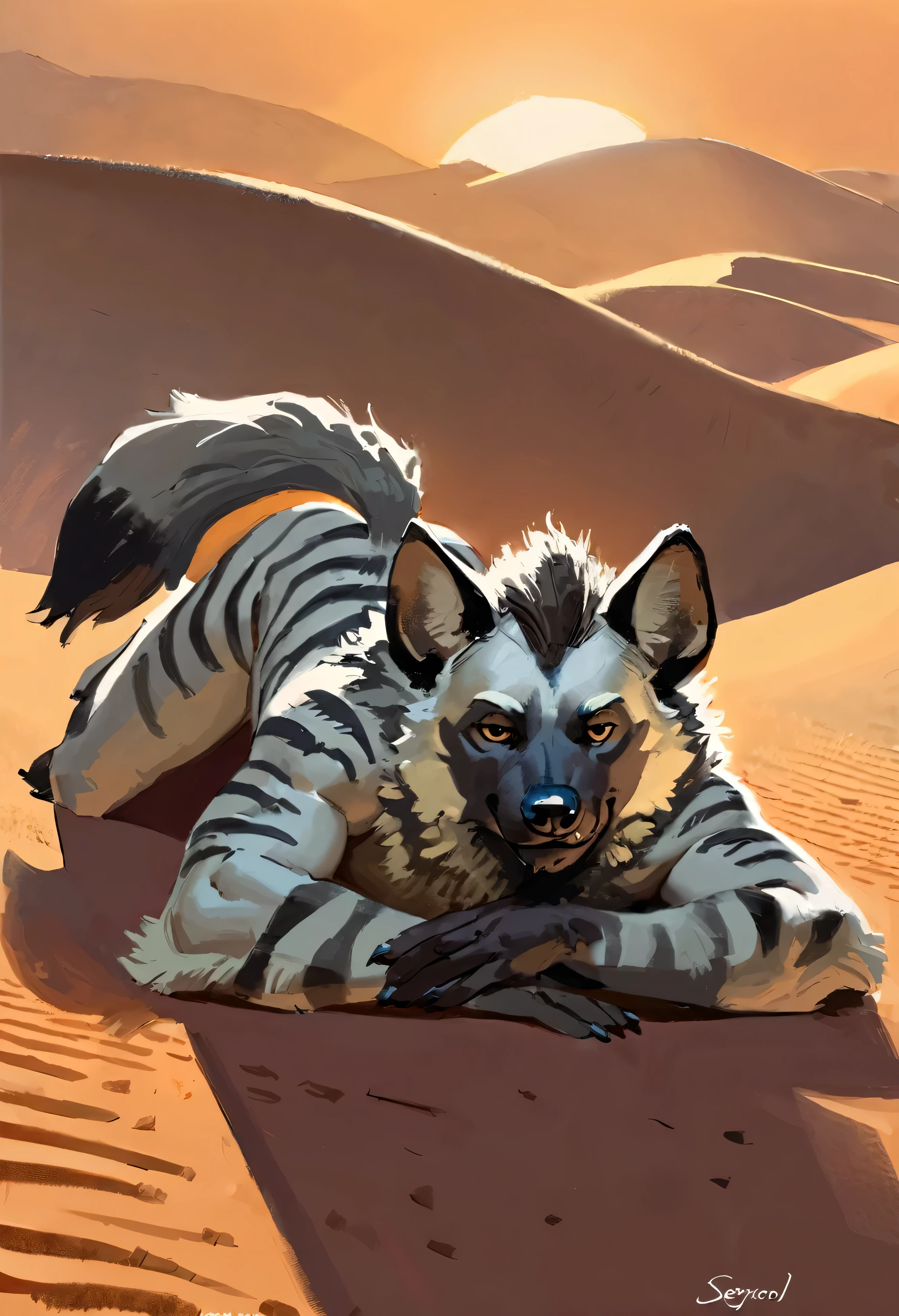 (striped hyena), (solo), male, anthro, (by seyorrol), (tail:1.3), (perfect hands), ((smug expression)), ((intricate detailed background, sahara desert background, dusk)), powerful silhouette, mysterious shadows), realistic shading, (epic, masterpiece, high quality, 8k, ultra HD, absurd res, top quality, best quality, max quality, masterpiece), ((thick fur, gray fur, beefy)), striped hyena tail, correct anatomy:1.2, ((mature male)), sexy, (laying on belly, looking at viewer),
