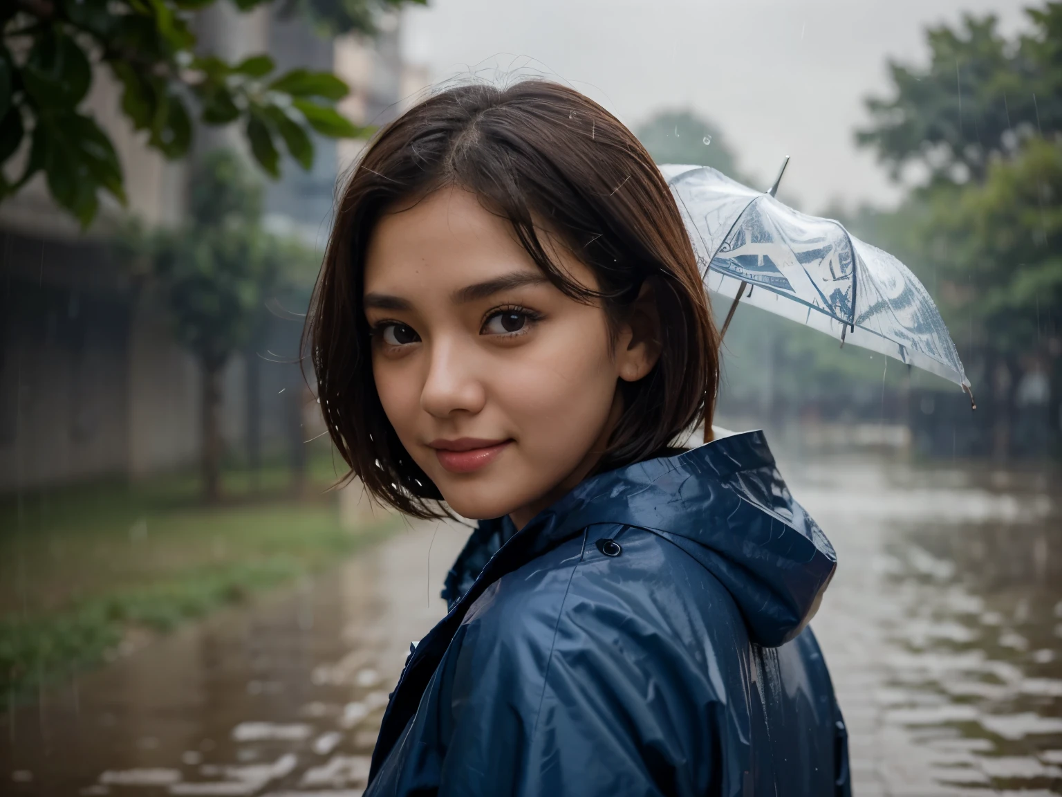 The sun shines, a beautiful girl with large eyes, a sharp nose, and thick lips with a sad smile in the background of the rain. The girl is looking back. She is wearing a Korean idol image, a navy blue raincoat. Brown short hair, brown eyes, and Super Realistic image