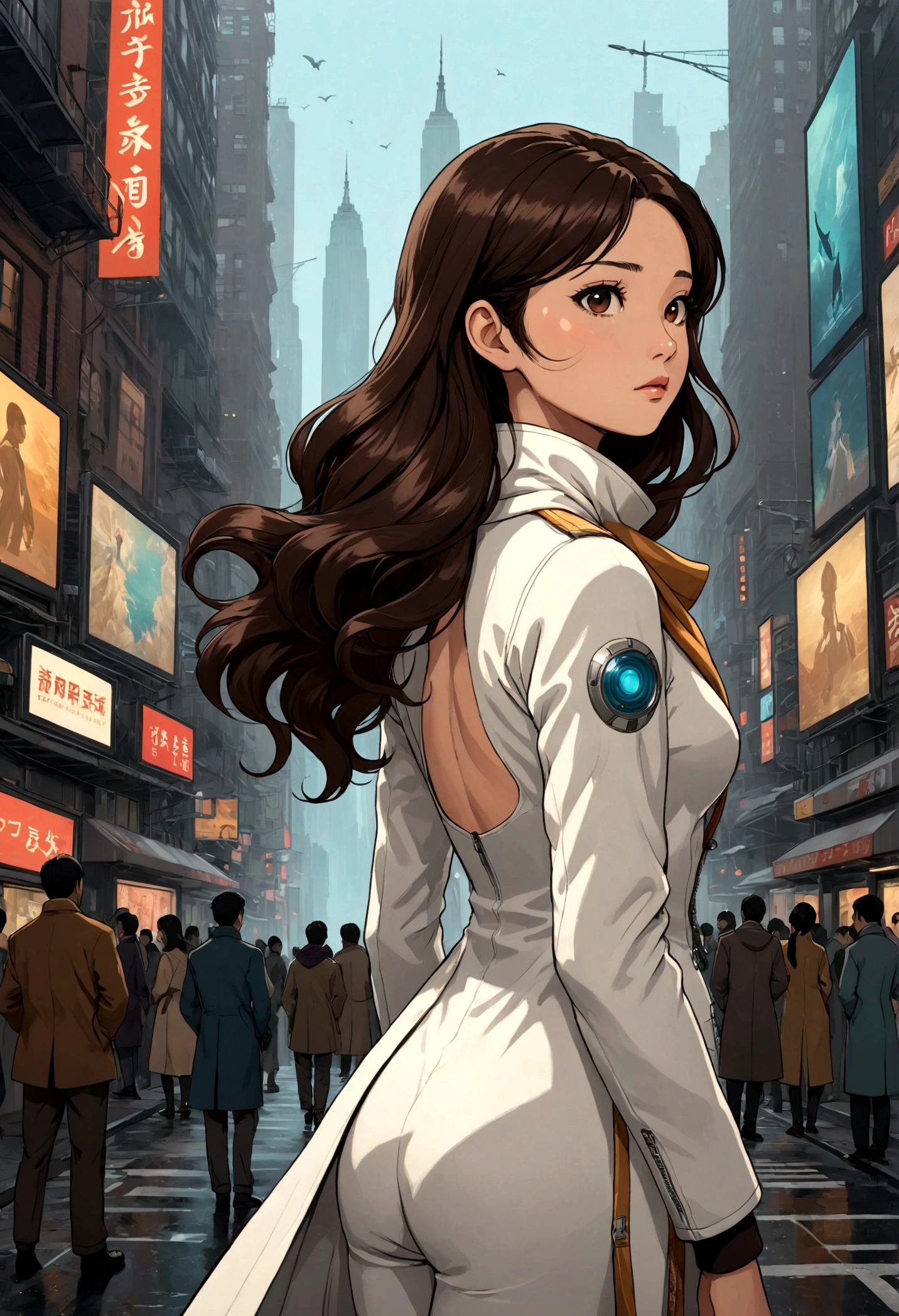 An evocative anime-style illustration of a beautiful Asian woman with long, wavy dark brown hair, wearing a light coat, brown scarf, and dark pants. She stands with her back on the bustling streets of New York, her gaze directed to the screens, reflecting a deep feeling of sadness and desolation. Around her there are huge screens showing a newscast of a Freediver, with striking and beautiful British features dressed in a white wetsuit and a matching swimming cap and snorkel (Katherin). At the bottom of the image, the year "URANUS 2324 (Sarocha Chankimha & Rebeca Armstrong)" is inscribed in an elegant metallic silver font, hinting at a futuristic, space-themed setting.