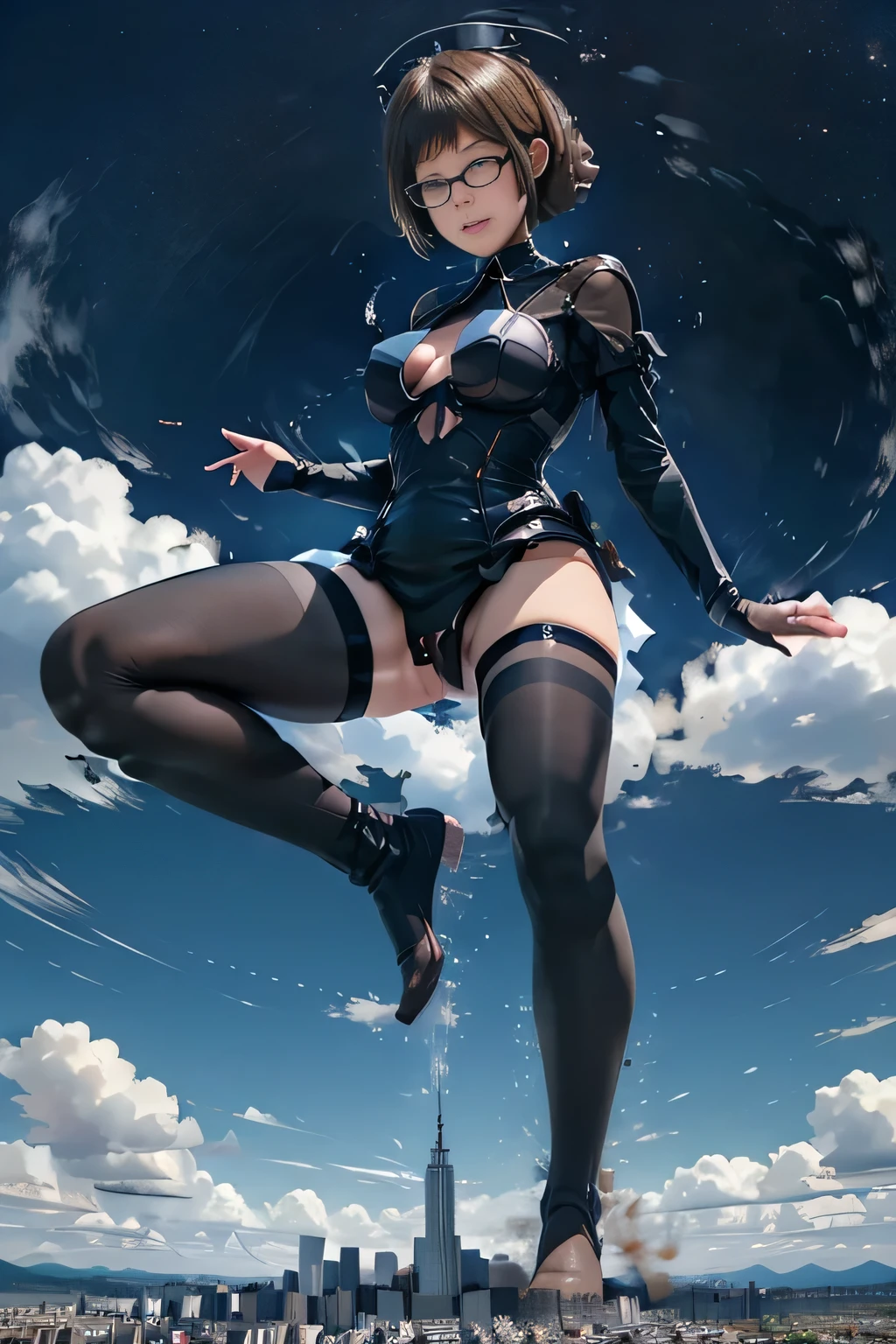 giantess art, highly detailed giantess shots, giantess, Two legs, Five fingers, short hair, A beautiful girl who is bigger than a skyscraper, Wearing rimless glasses, smile, , In underwear, Black Pantyhose, pantyhose, no shn, toes visible through pantyhose, Steam comit from the soles of my feet, Destroying cities, A very small big city, Miniature metropolis, Full body description, GTS, giga giantess, stomping city, crash city, tiny city, micro city, pantyhose feet, High resol, highest quality, masterpiece, Maid, maid, transparent bodystocking,