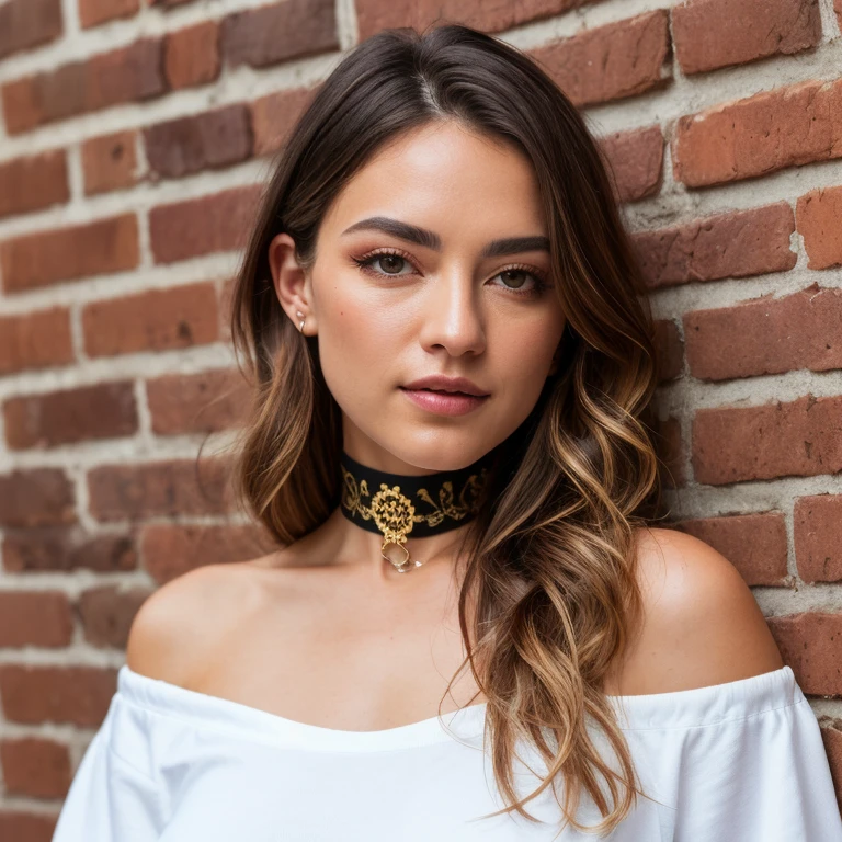 ultra realistic 8k cg, masterpiece, ((ultra detailed background, delicate pattern, intricate detail)), best quality, intricate details, chromatic aberration, 1girl, long hair, golden hair, messy hair, red highlights, hair over one eye, sharp eyes, choker, brick wall, graffiti, dim lighting, alley, oversized shirt,off shoulder, see through white shirt, Masterpiece, best quality